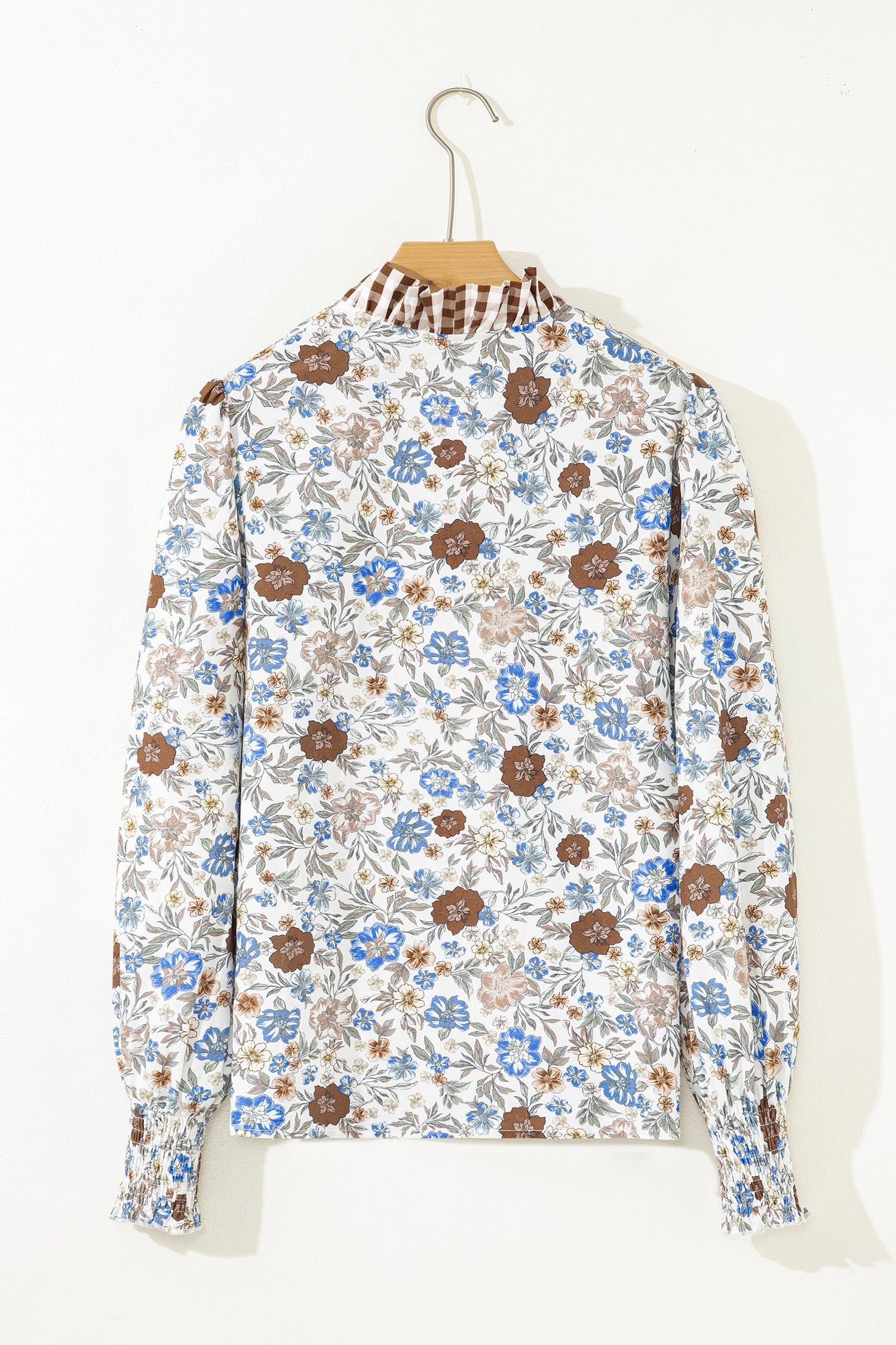 Brown Plaid Frilled Trim V Neck Floral Long Sleeve Blouse
