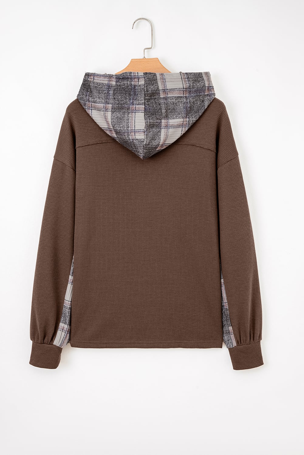 Brown Plaid Patchwork Button Down Drawstring Hooded Shacket