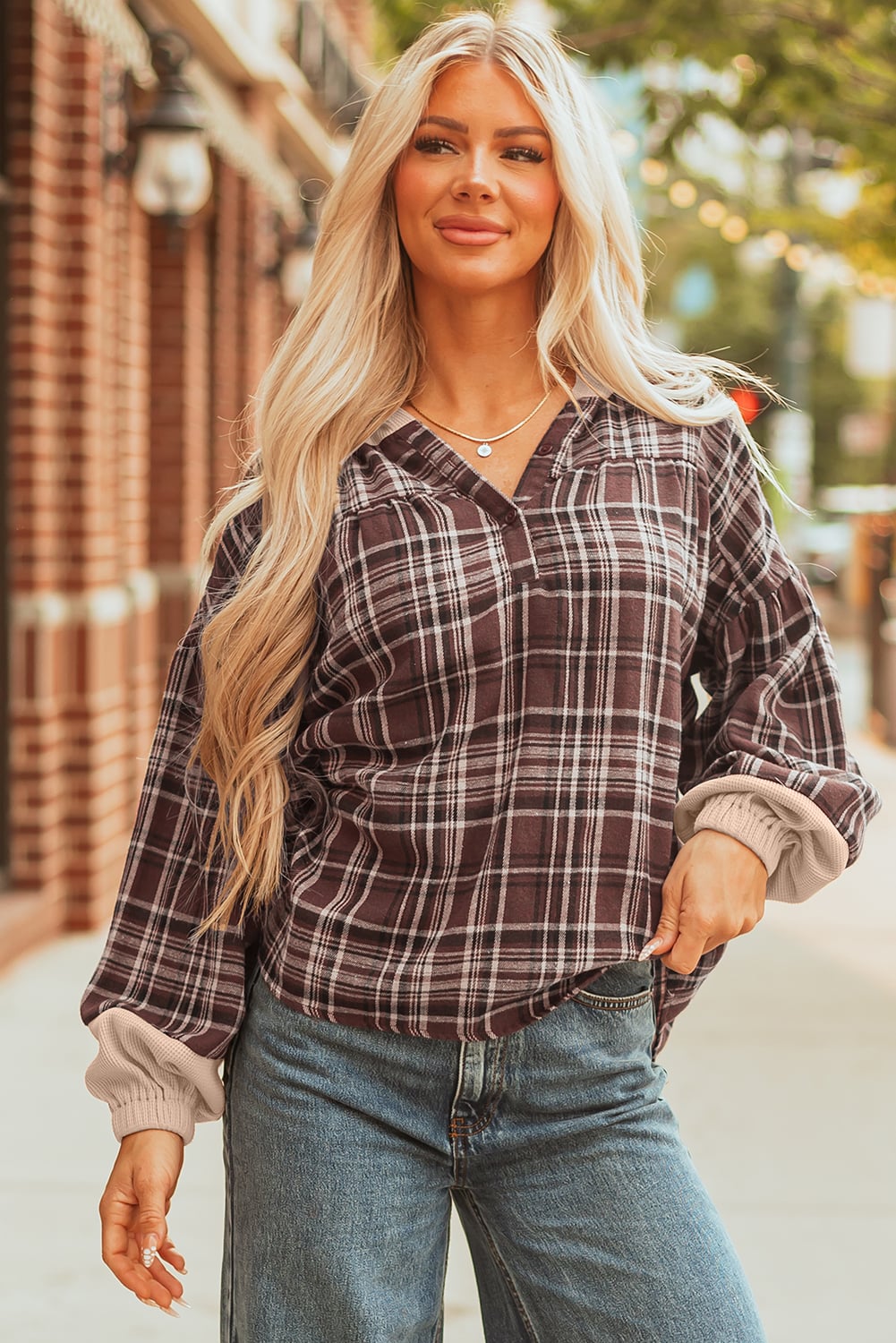 Brown Plaid Patchwork Long Sleeve Button Hooded Blouse