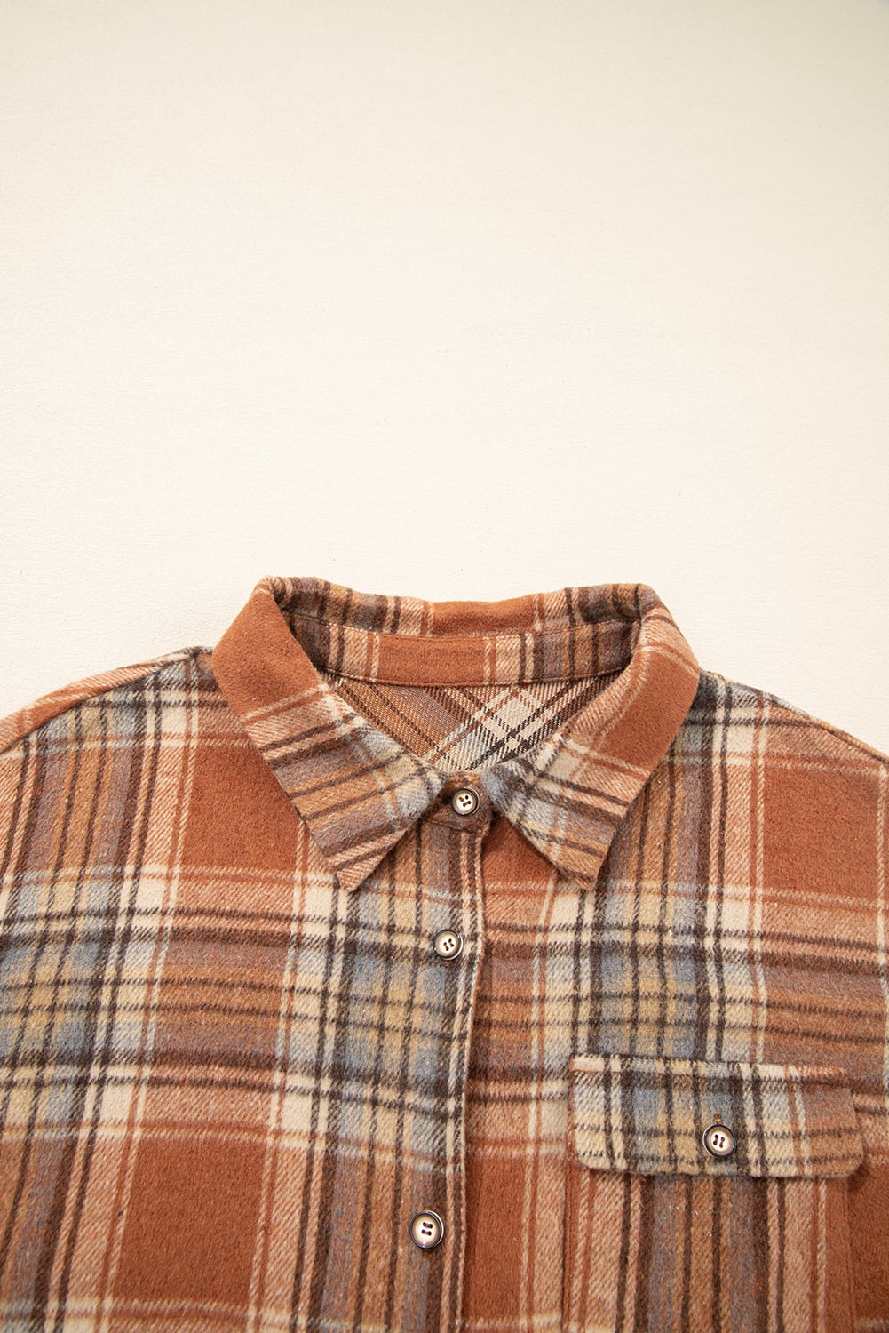Brown Plaid Print Flap Pocket Buttoned Plus Size Shacket