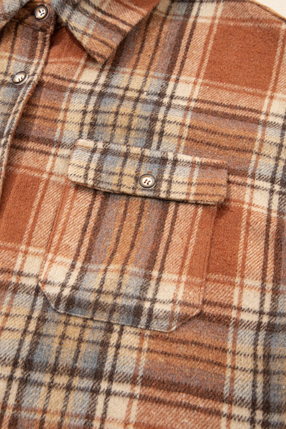 Brown Plaid Print Flap Pocket Buttoned Plus Size Shacket