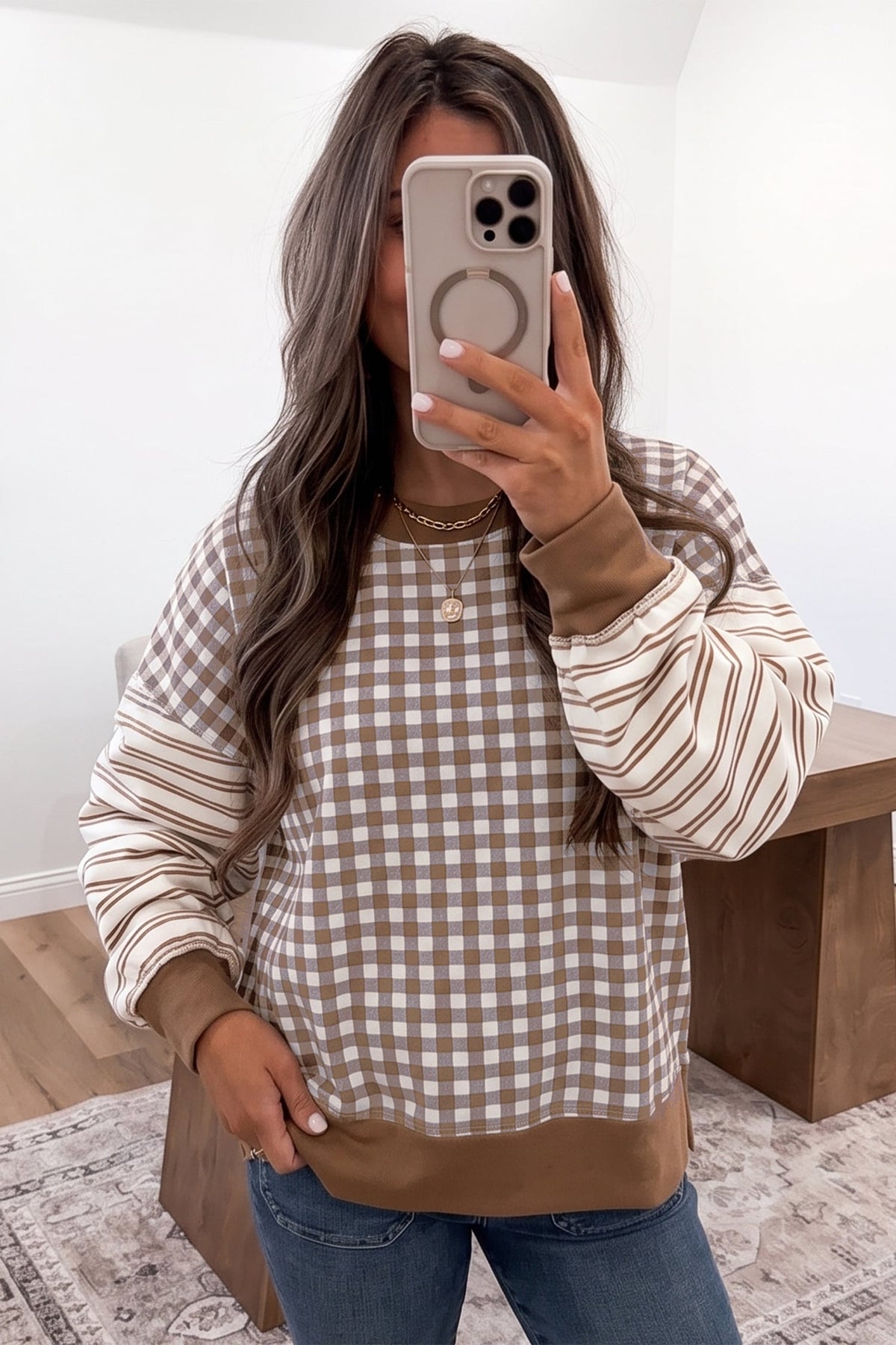 Brown Plaid Striped Patchwork Long Sleeve Casual Top