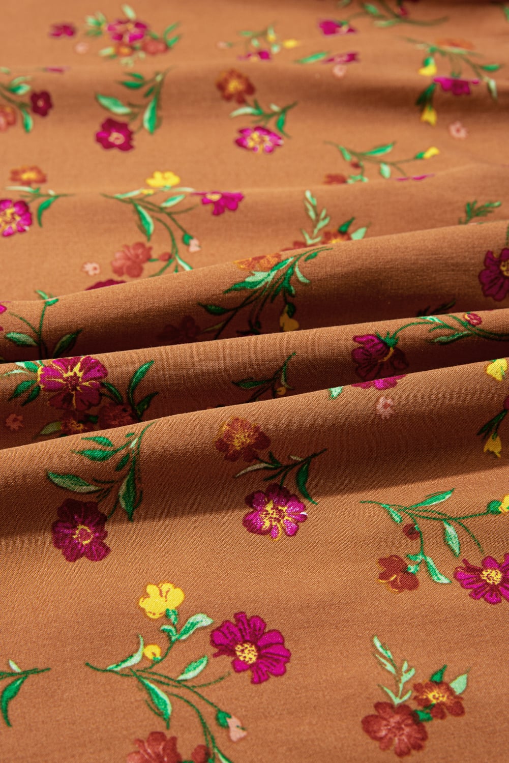 Brown Plus Size Floral Split V Neck Ruffled Sleeve Tiered Maxi Dress