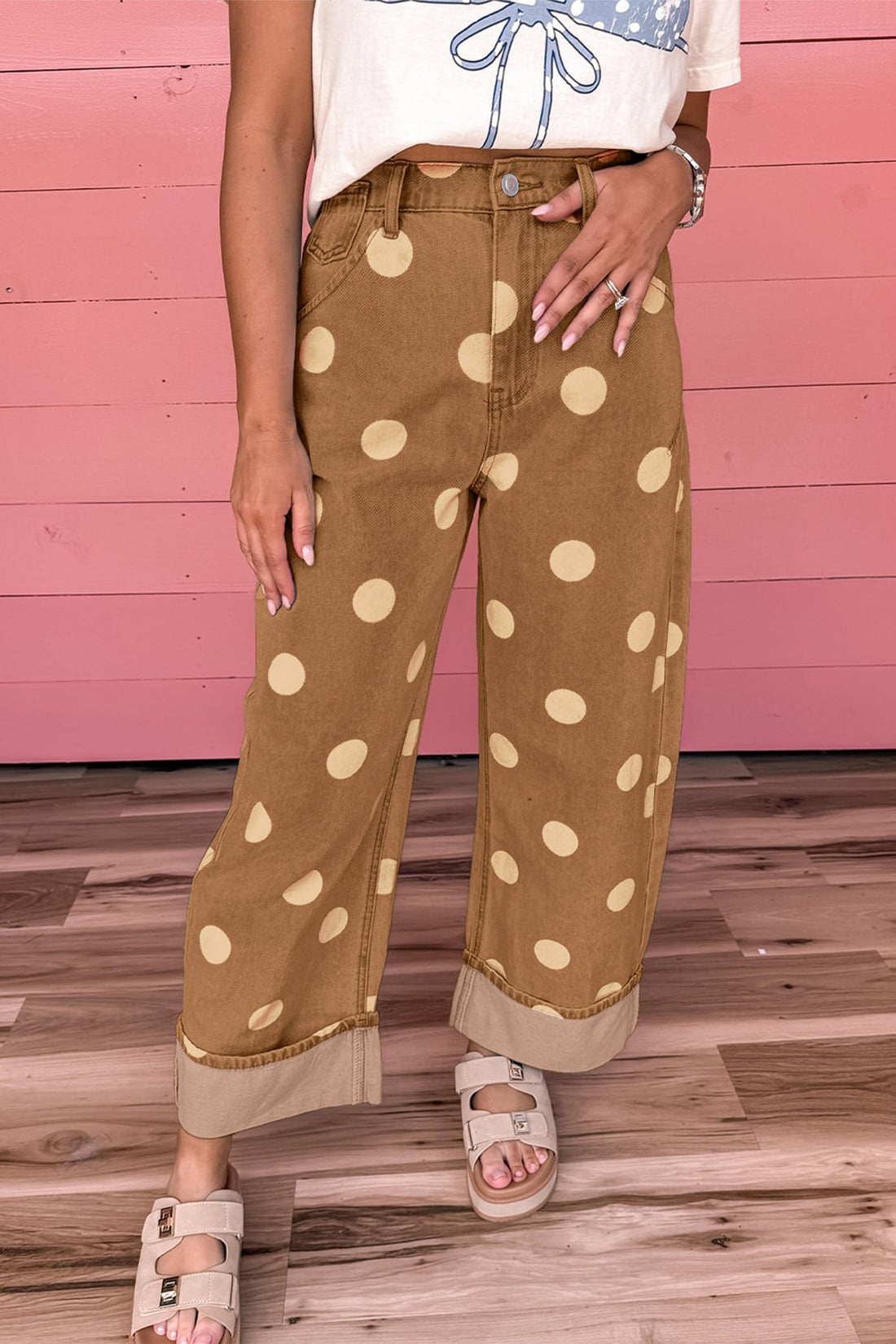Brown Polka Dot Ankle-Length Metal Button Casual Jeans
