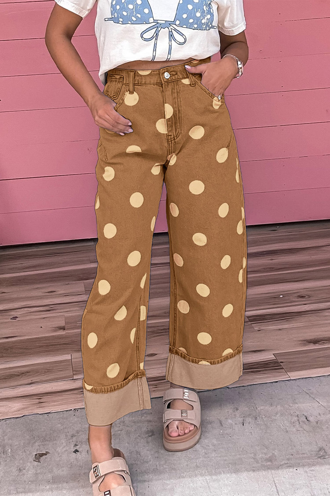 Brown Polka Dot Ankle-Length Metal Button Casual Jeans