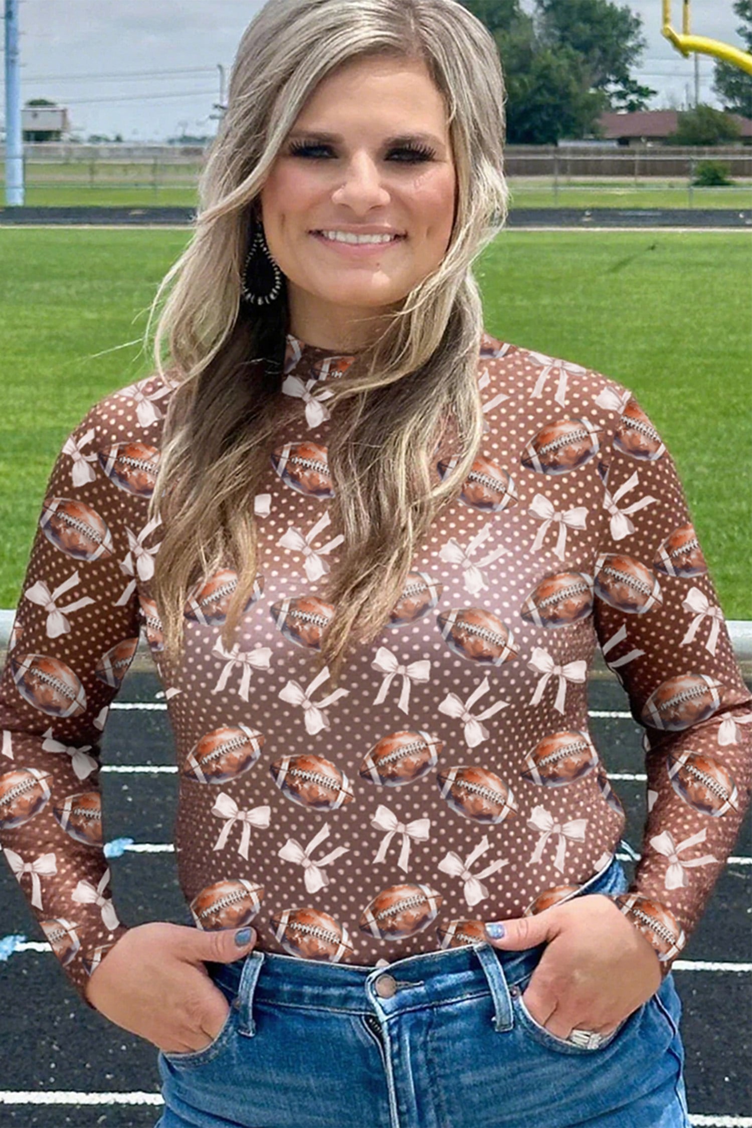 Brown Polka Dot Bow Football Print Long Sleeve Mesh Top