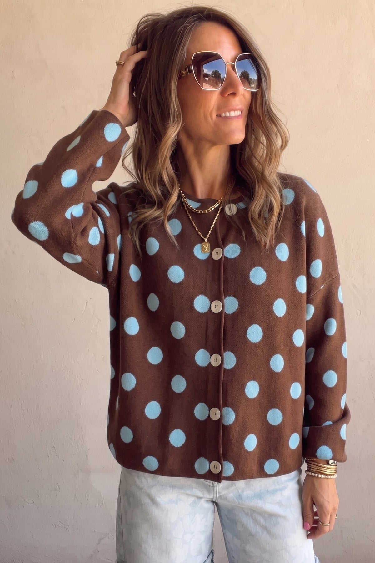 Brown Polka Dot Button Down Dropped Shoulder Shift Cardigan