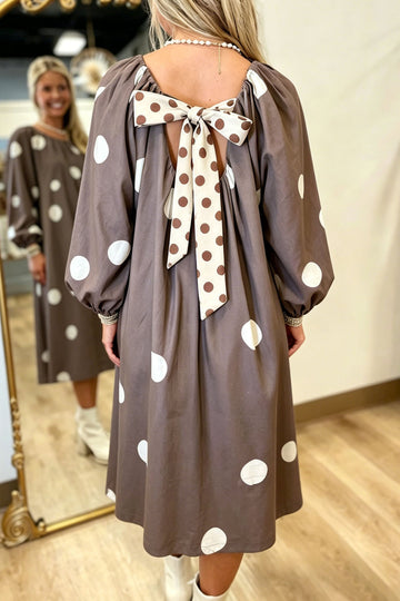 Brown Polka Dot Contrast Bow Knot Back Long Sleeve Midi Dress