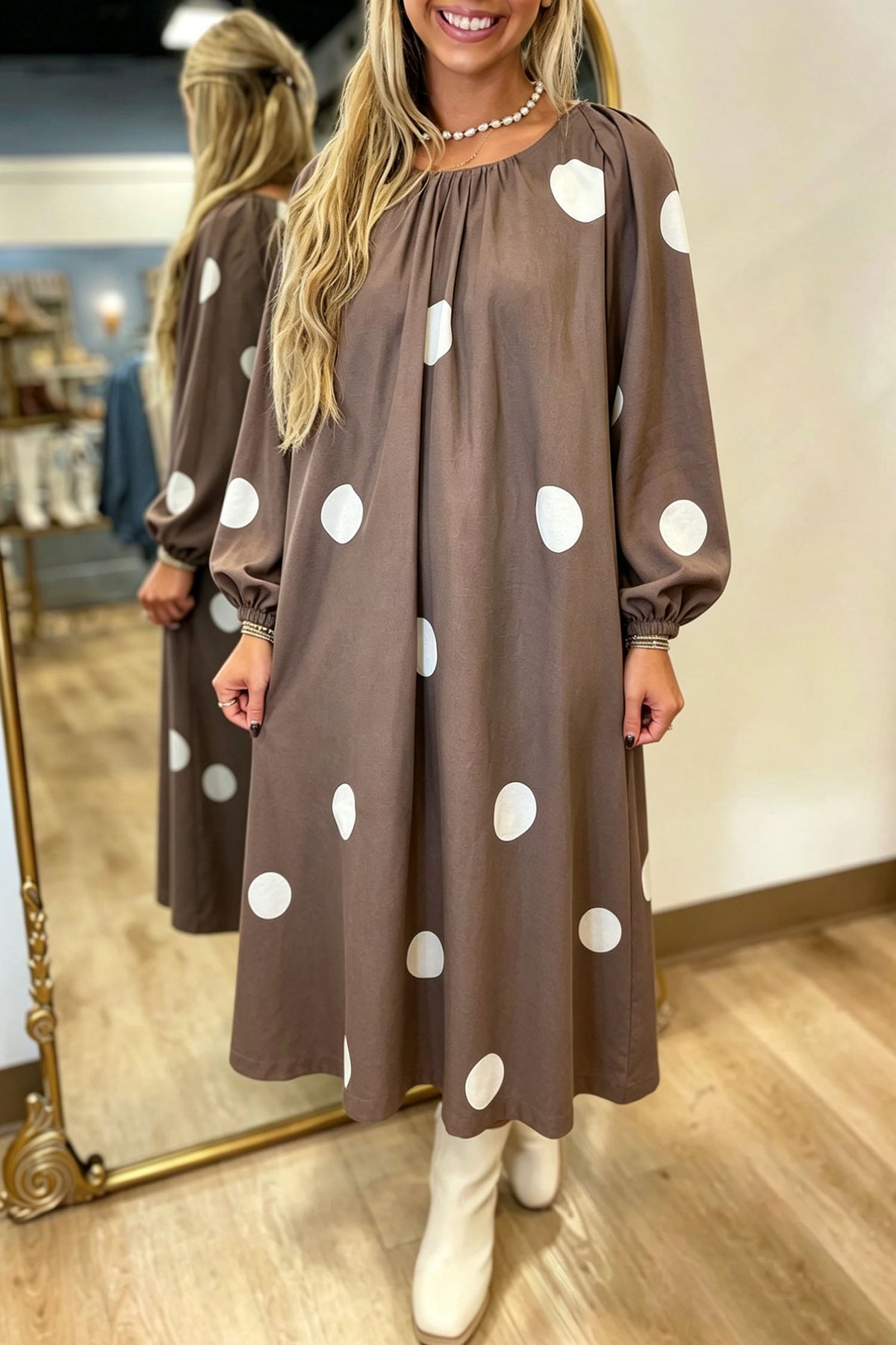 Brown Polka Dot Contrast Bow Knot Back Long Sleeve Midi Dress