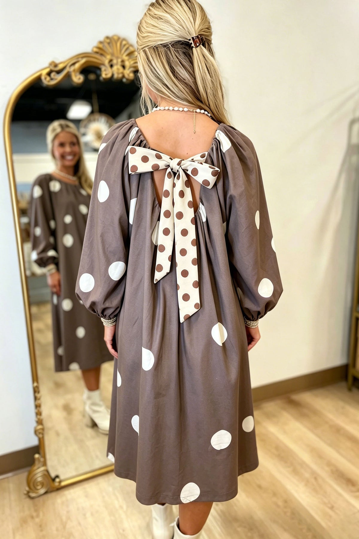 Brown Polka Dot Contrast Bow Knot Back Long Sleeve Midi Dress