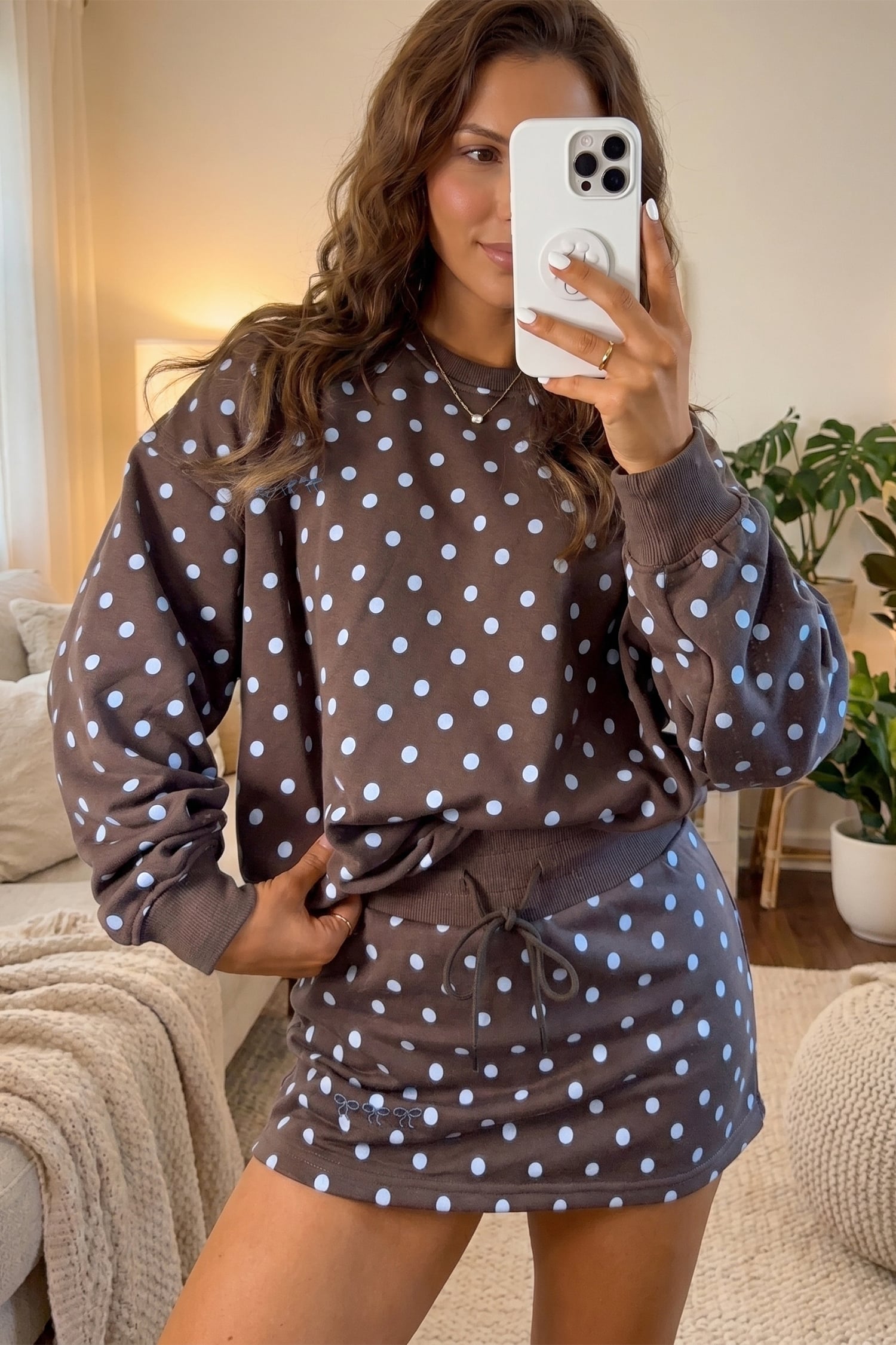 Brown Polka Dot Long Sleeve Pullover Embroidered Bow Detail 2pcs Skort Set