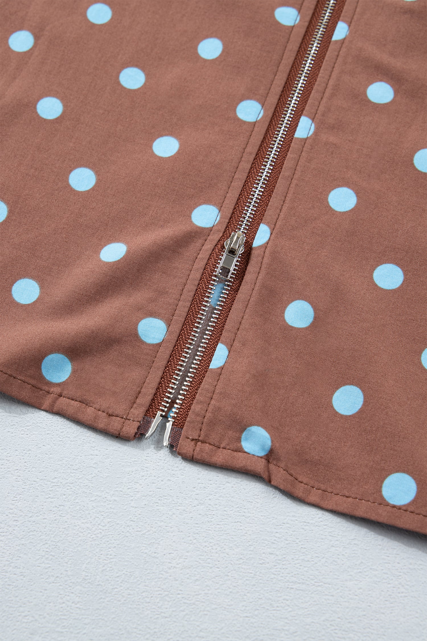 Brown Polka Dot Print Contrast Trim V Neck Zip Up Sleeveless Dress