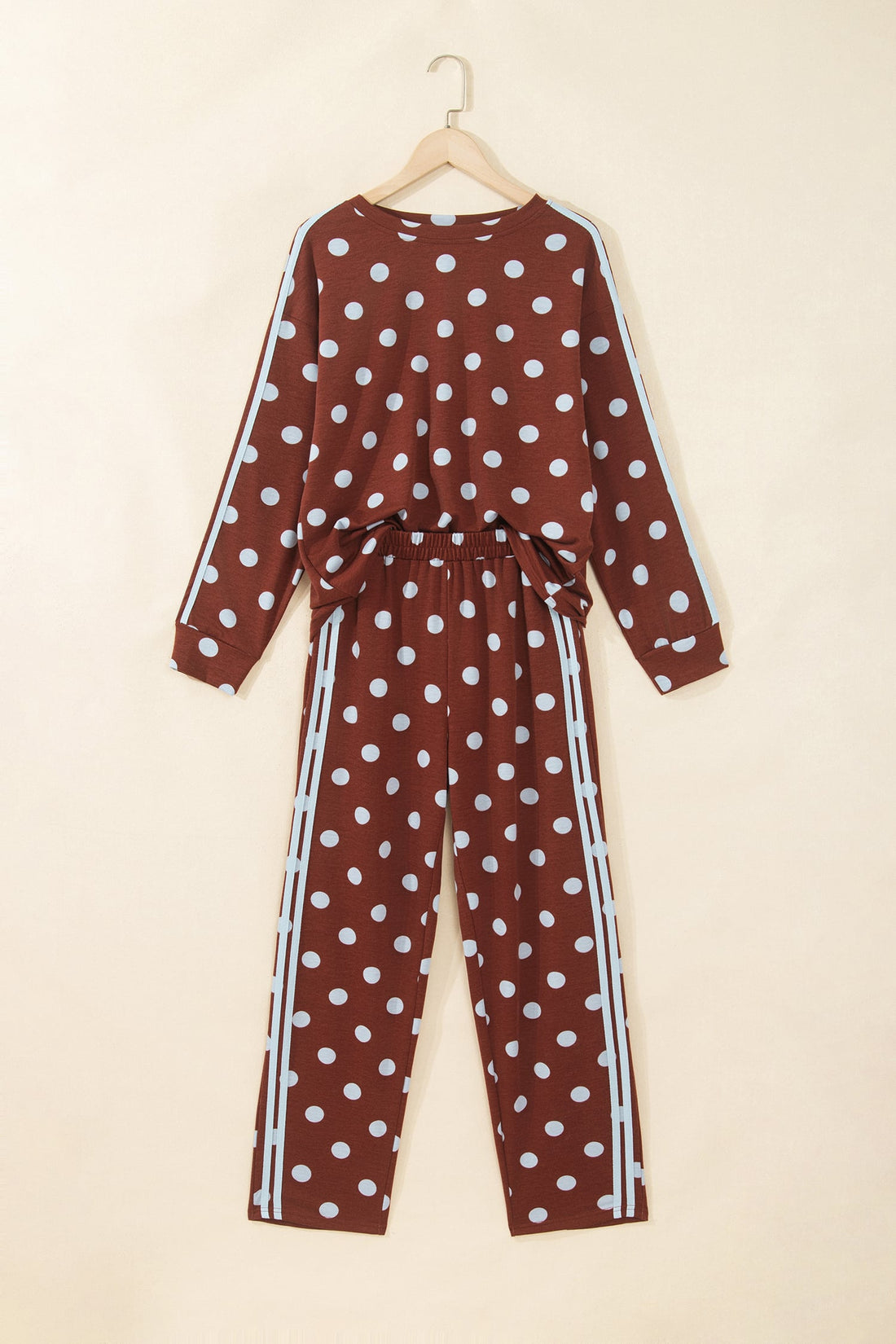 Brown Polka Dot Print Side Stripe Detail Long Sleeve Top Casual Pant Set