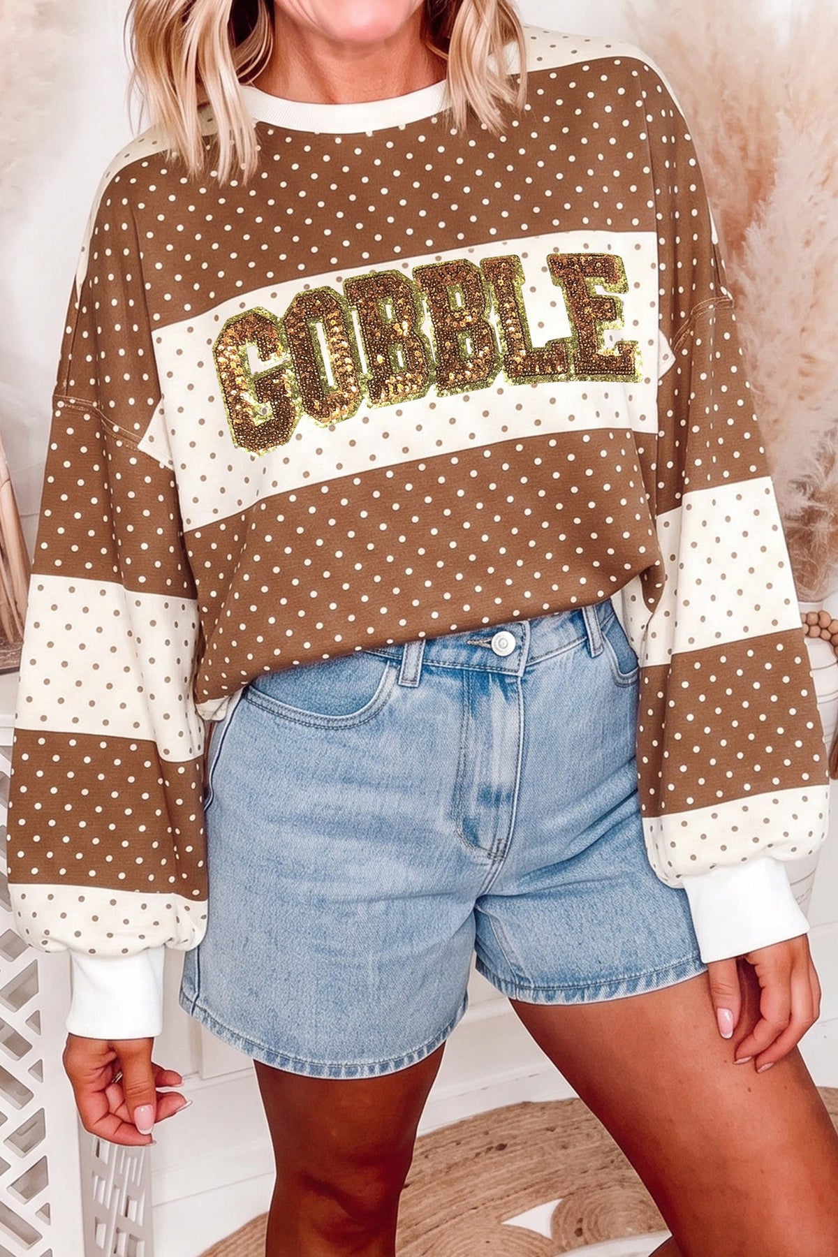 Brown Sequin Gobble Patchwork Long Sleeve Top