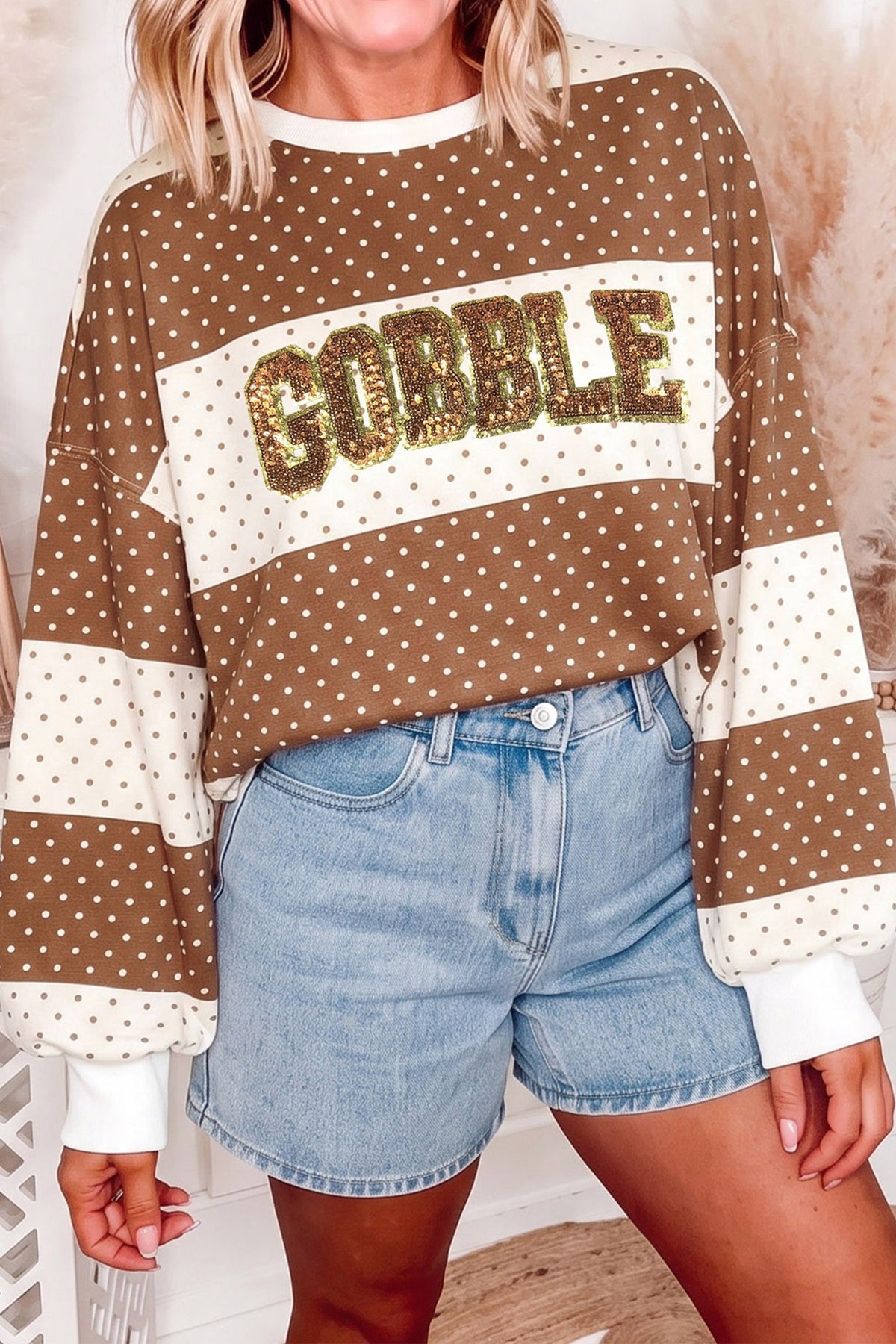 Brown Sequin Gobble Patchwork Long Sleeve Top