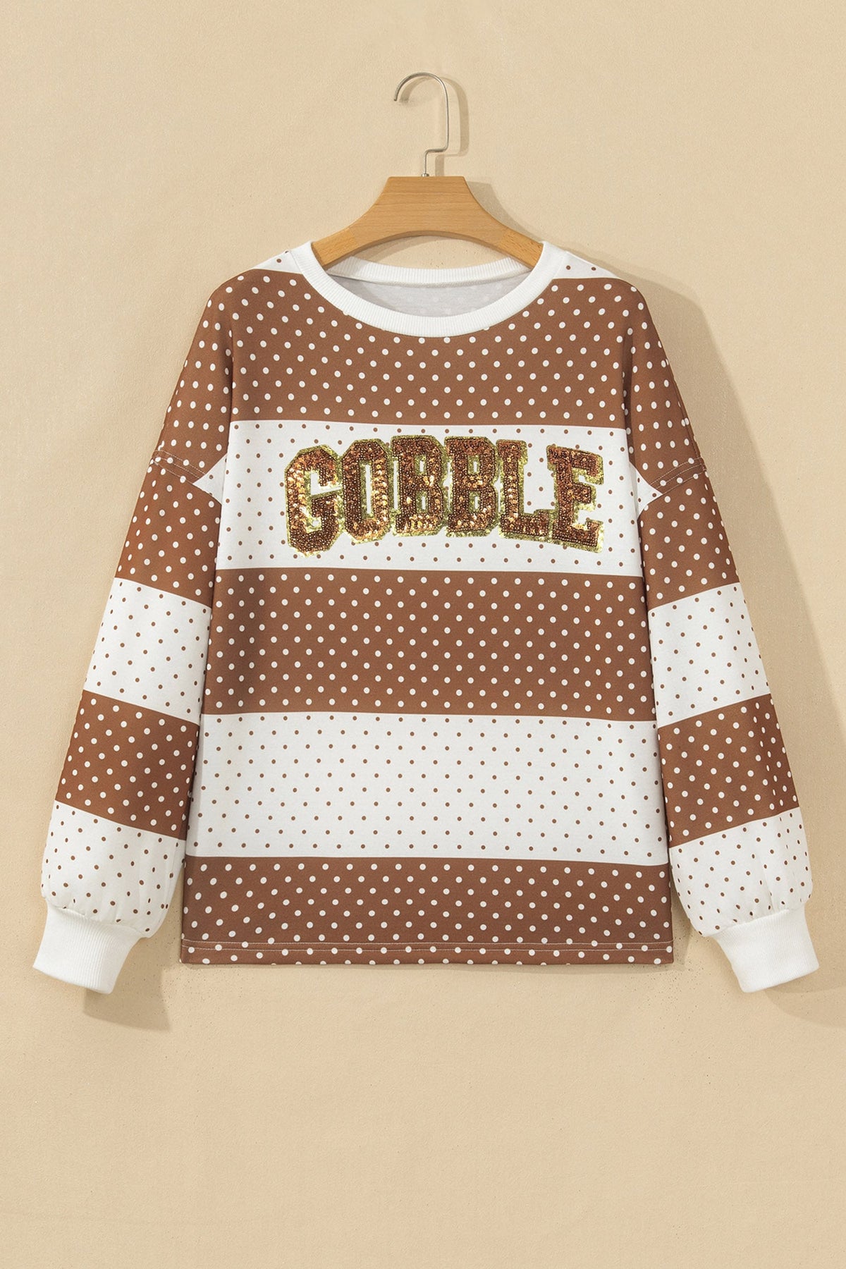 Brown Sequin Gobble Patchwork Long Sleeve Top