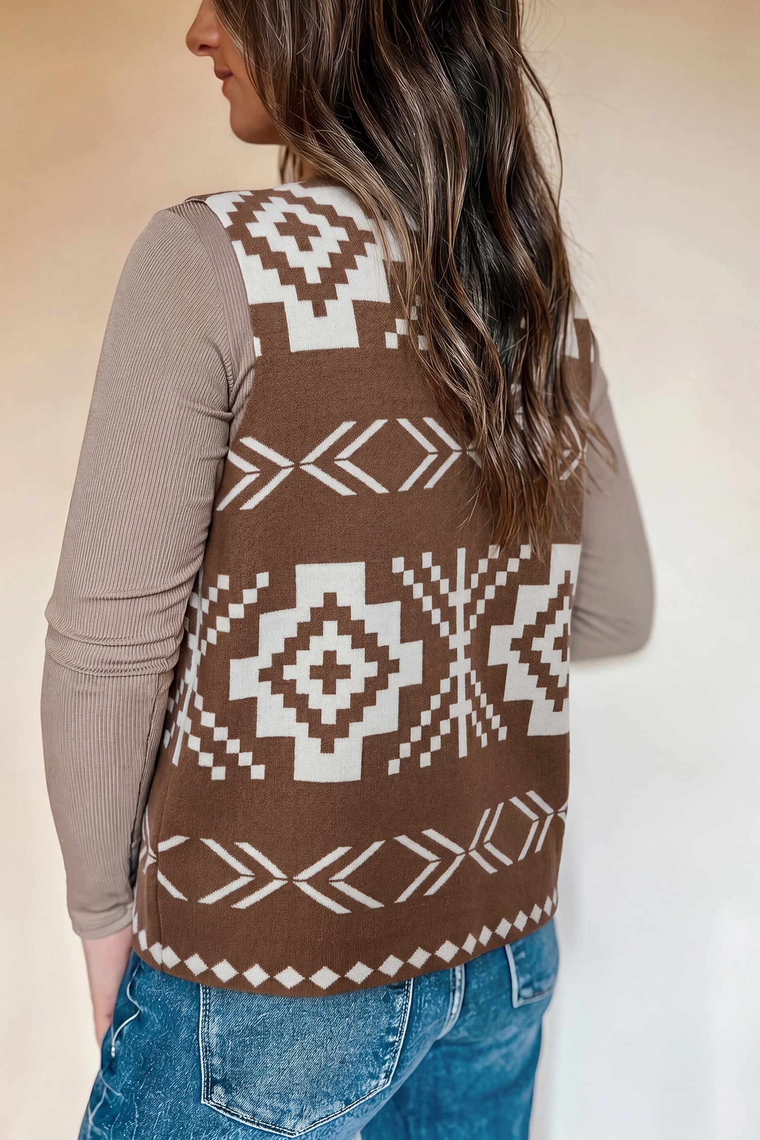 Brown Western Geometric Pattern Sleeveless Knit Sweater Vest