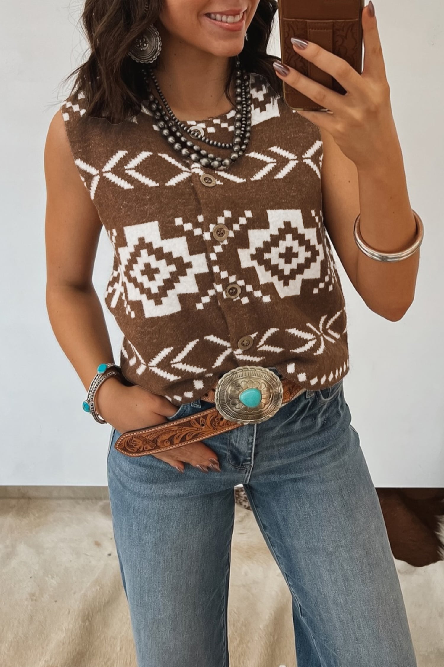 Brown Western Geometric Pattern Sleeveless Knit Sweater Vest