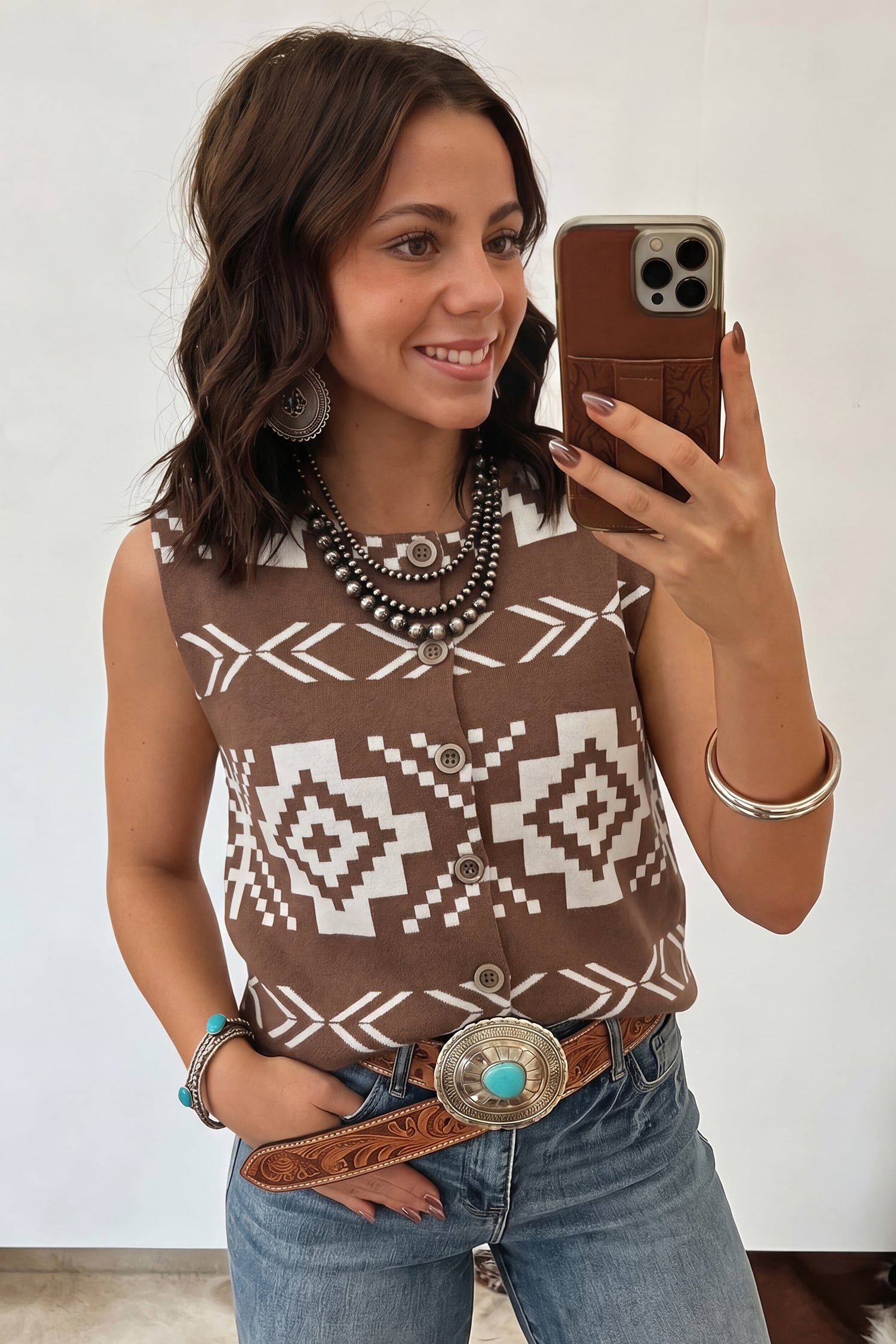 Brown Western Geometric Pattern Sleeveless Knit Sweater Vest