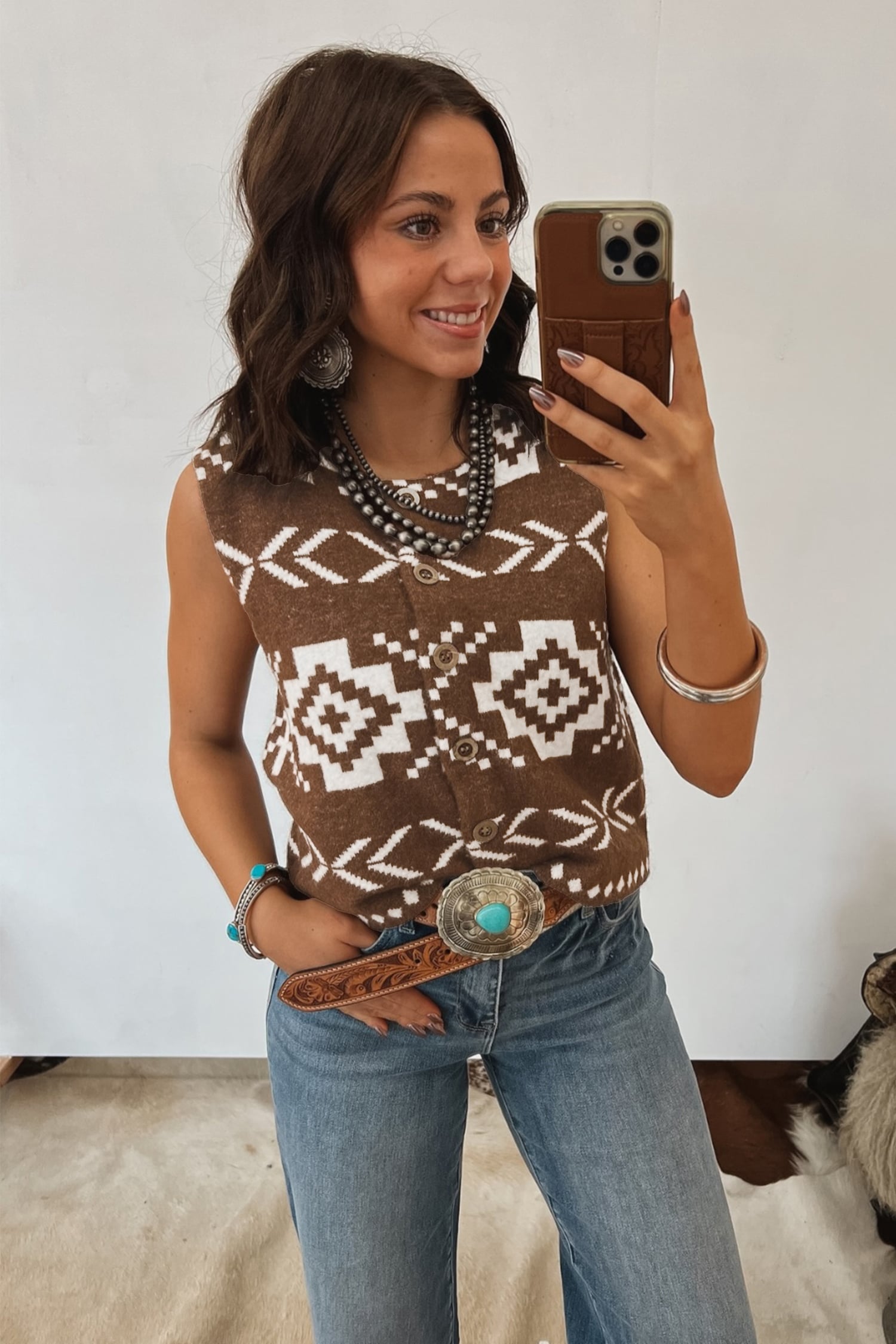 Brown Western Geometric Pattern Sleeveless Knit Sweater Vest