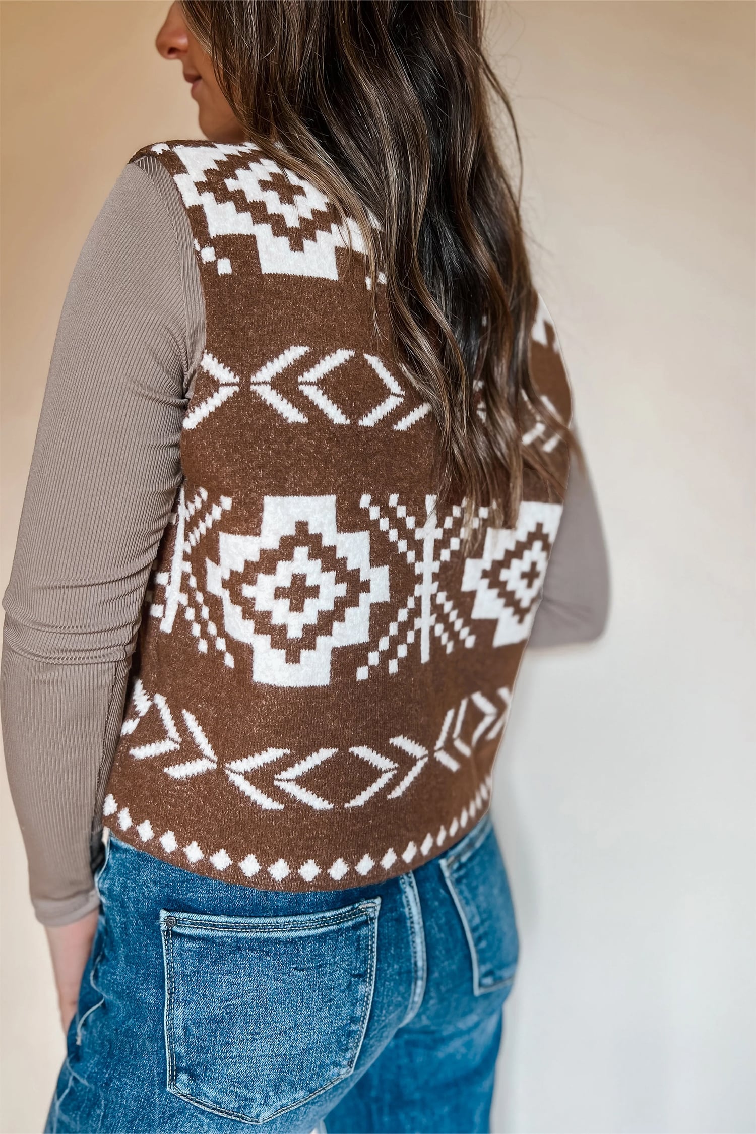 Brown Western Geometric Pattern Sleeveless Knit Sweater Vest