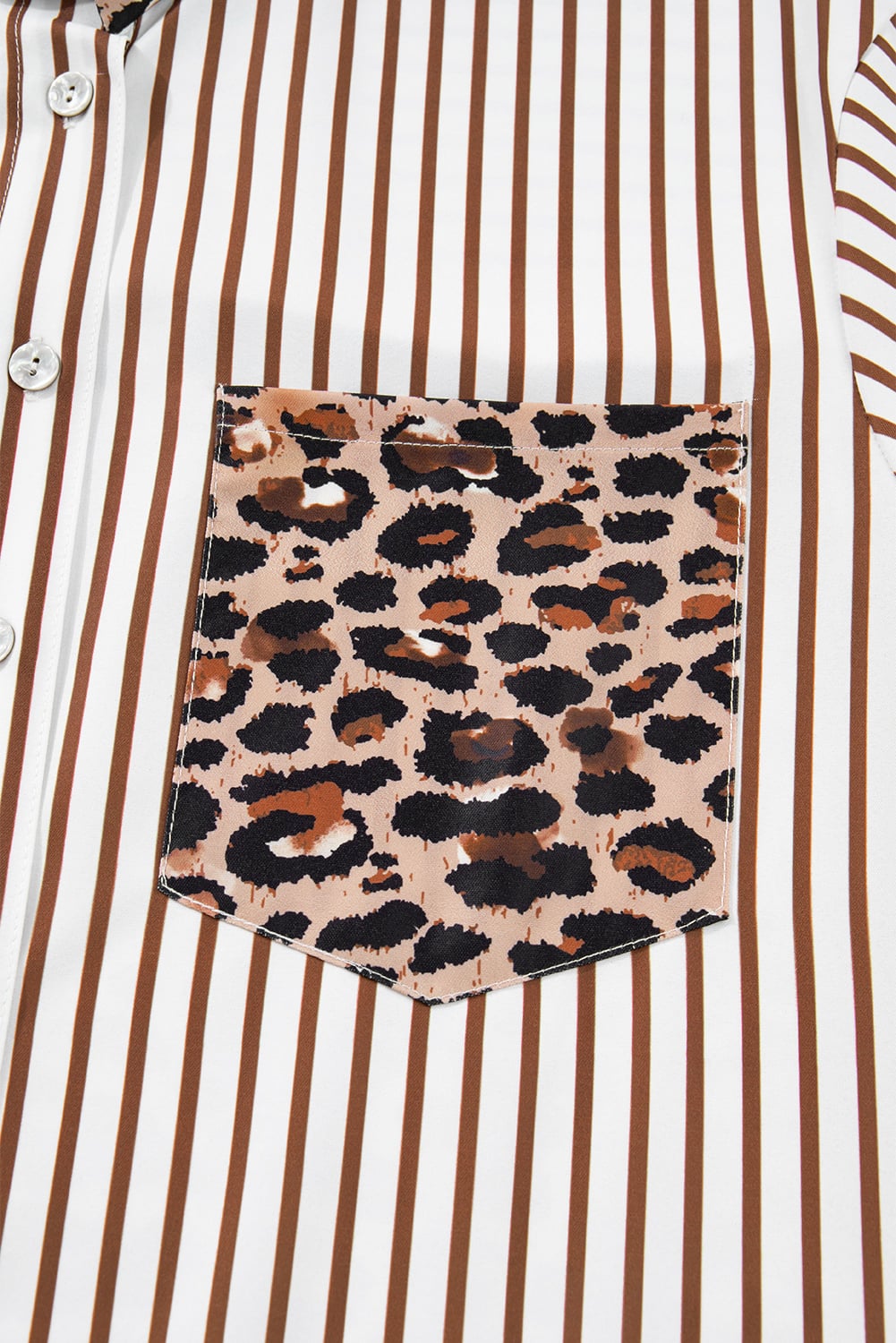 Brown Stripe Contrast Leopard Patchwork Long Shirt Dress with Slits