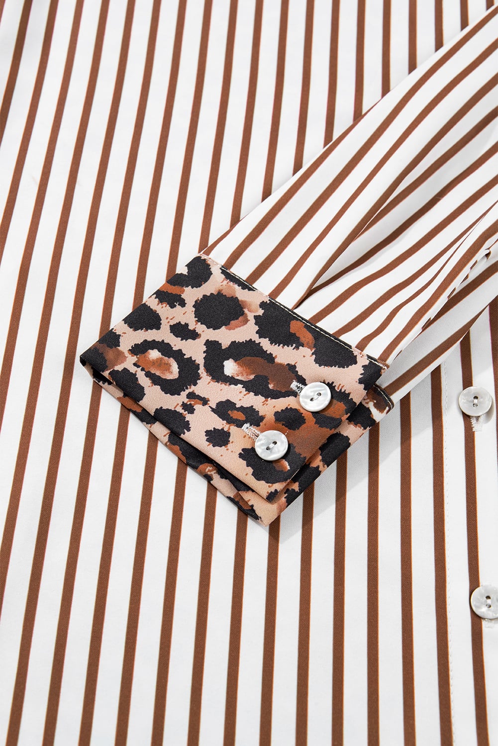 Brown Stripe Contrast Leopard Patchwork Long Shirt Dress with Slits