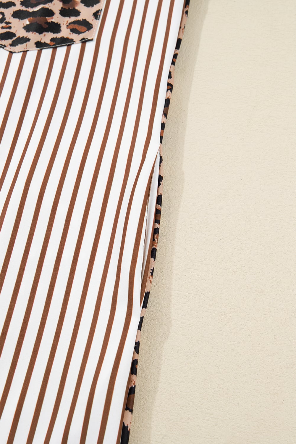 Brown Stripe Contrast Leopard Patchwork Long Shirt Dress with Slits