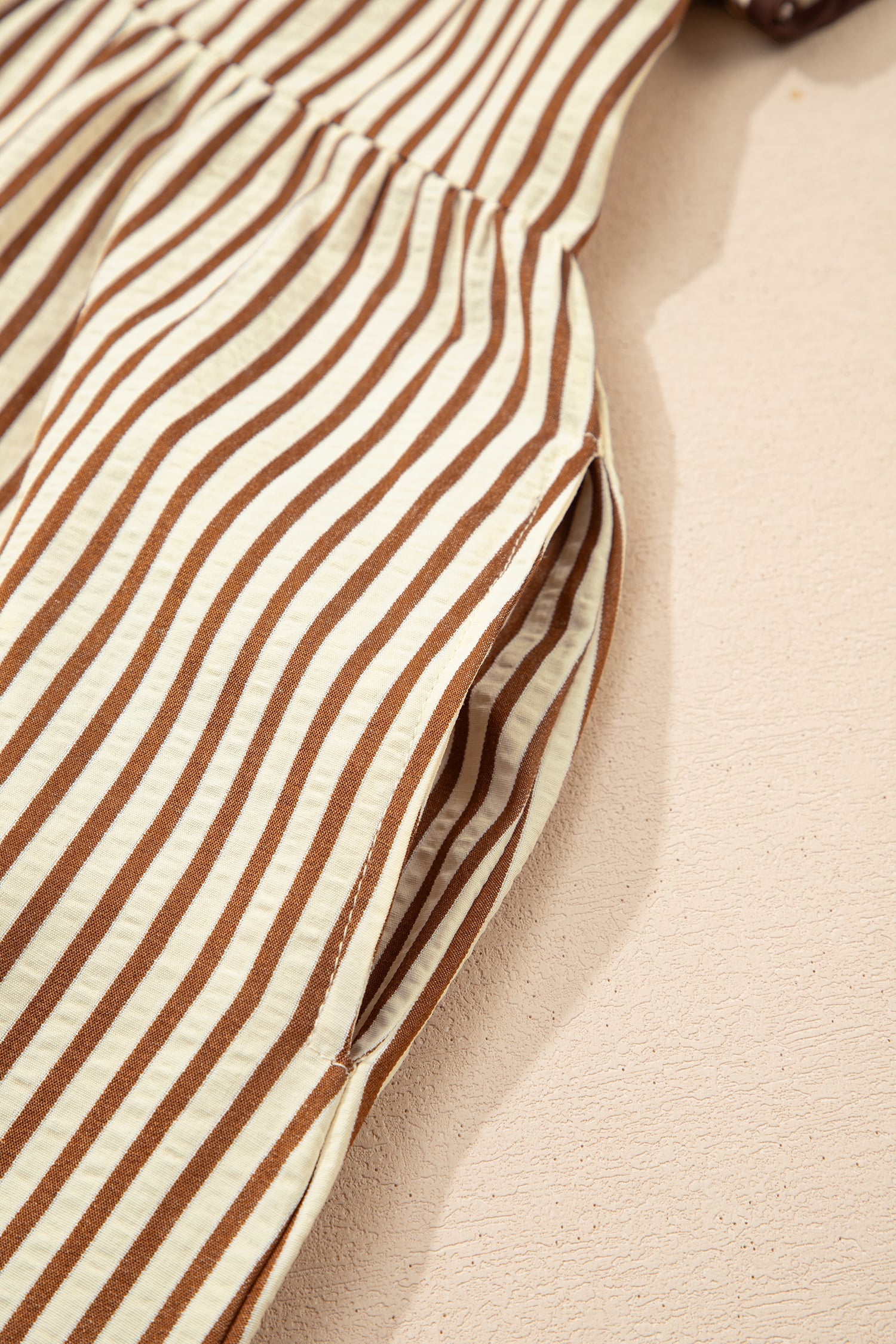 Brown Stripe Double Ruffled Short Sleeve Contrast Trim V Neck Midi Dress