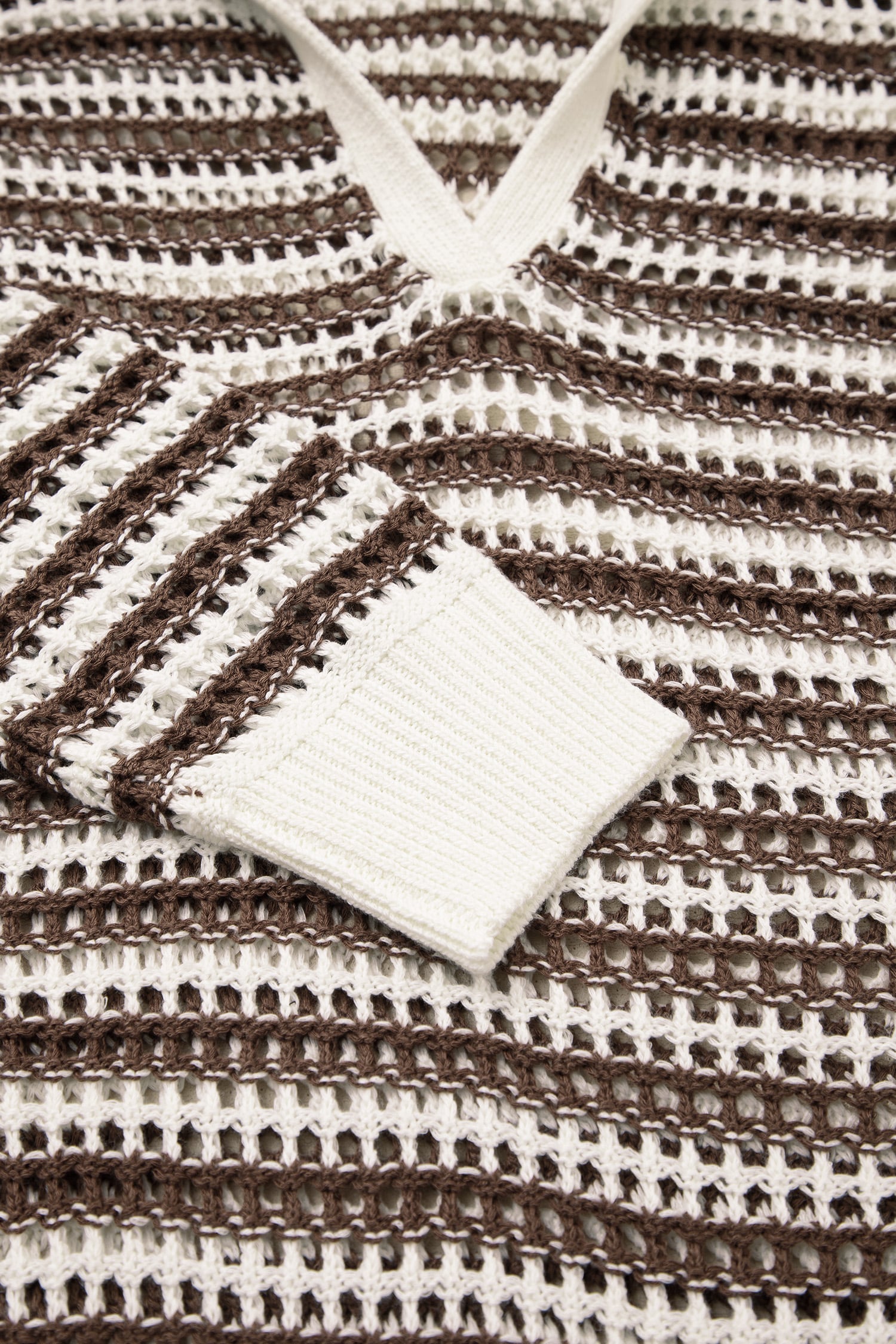Brown Stripe Eyelet Hollow-out Contrast Collared Pullover Chic Sweater