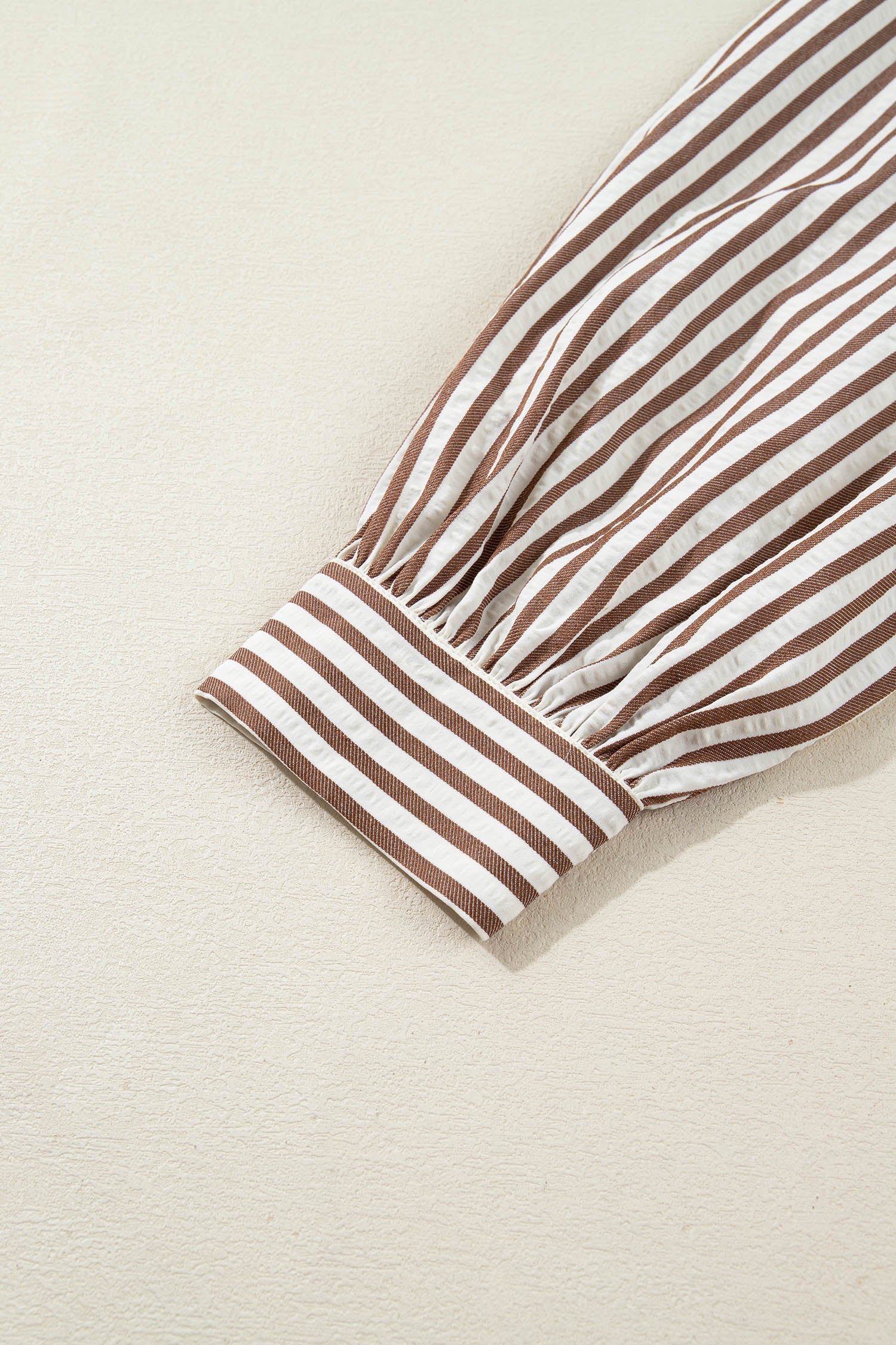 Brown Stripe Knot Waist Puff Sleeve Button Down Mini Shirt Dress
