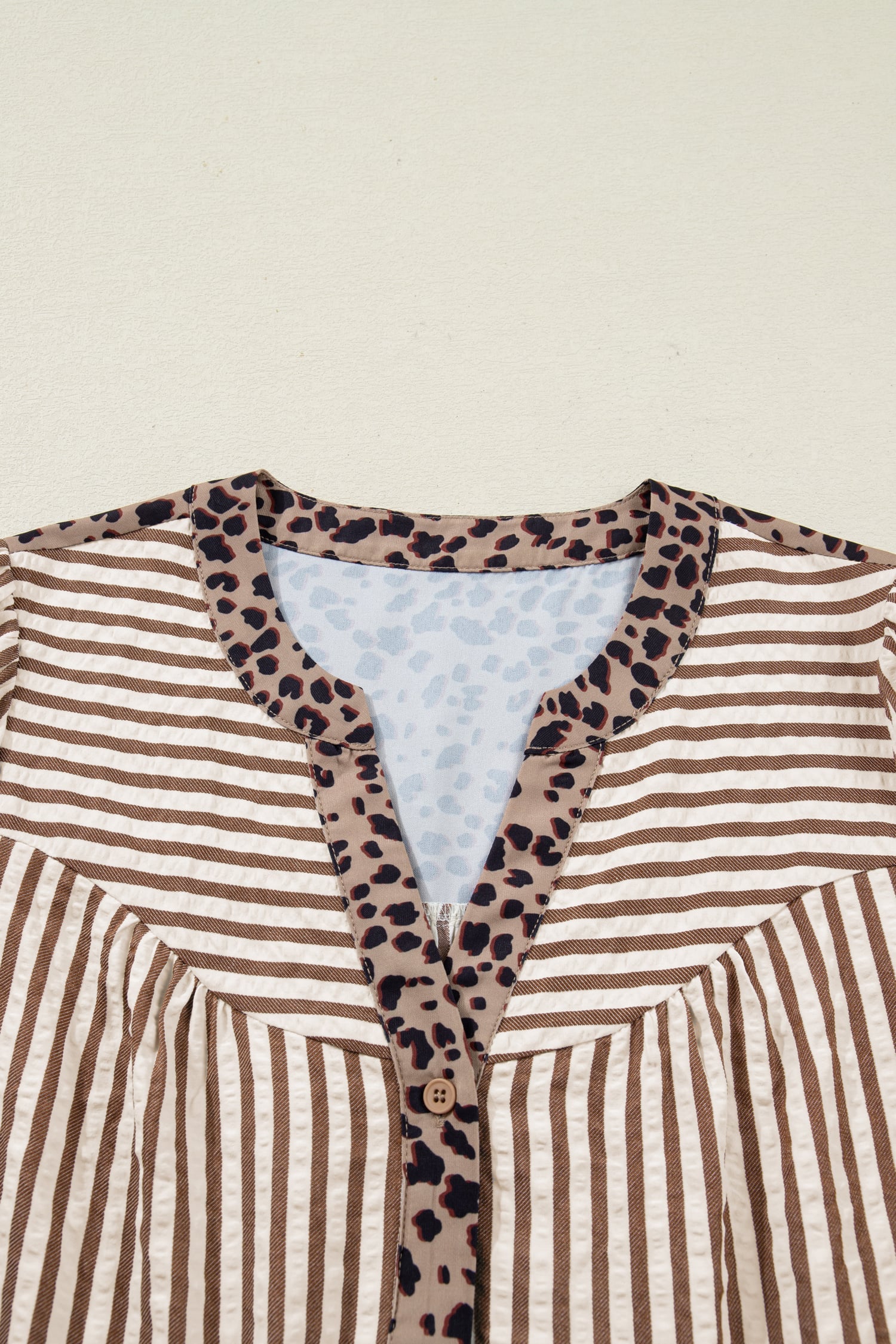 Brown Stripe Leopard Trim V Neck Button Down Half Sleeve Shirt