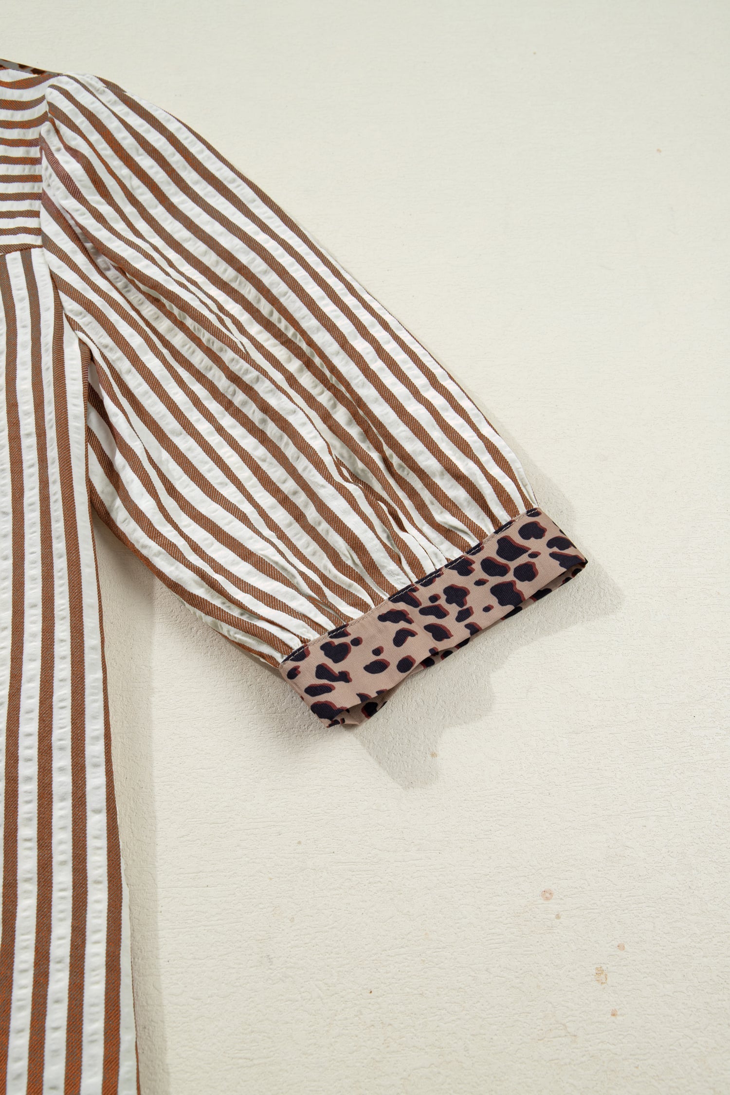 Brown Stripe Leopard Trim V Neck Button Down Half Sleeve Shirt