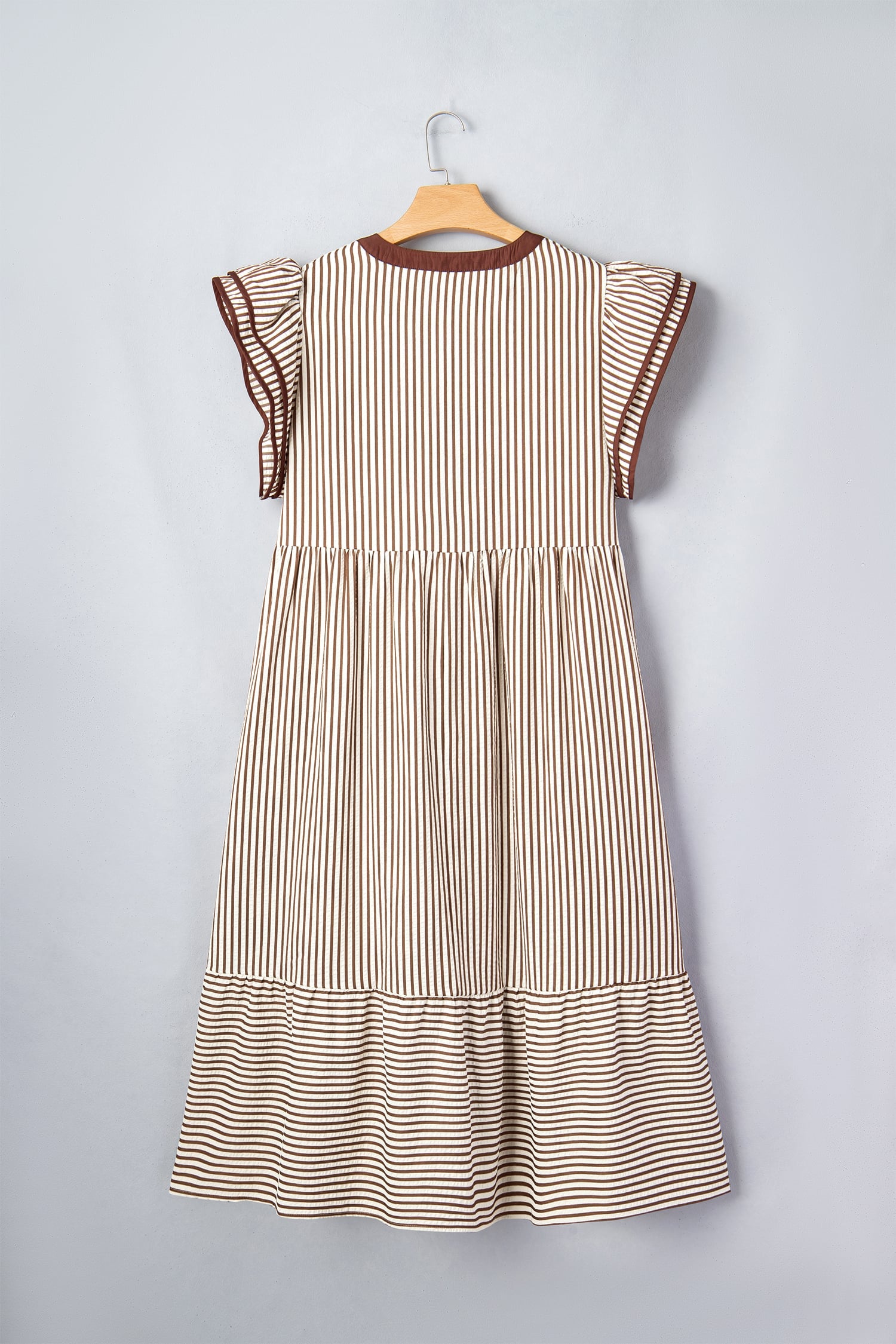 Brown Stripe Plus Size Slit V Neck Tiered Flutter Sleeve Maxi Dress