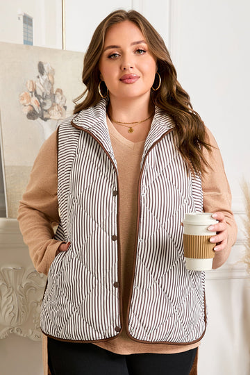 Brown Stripe Quilted Wavy Hem Snap Button Plus Size Vest