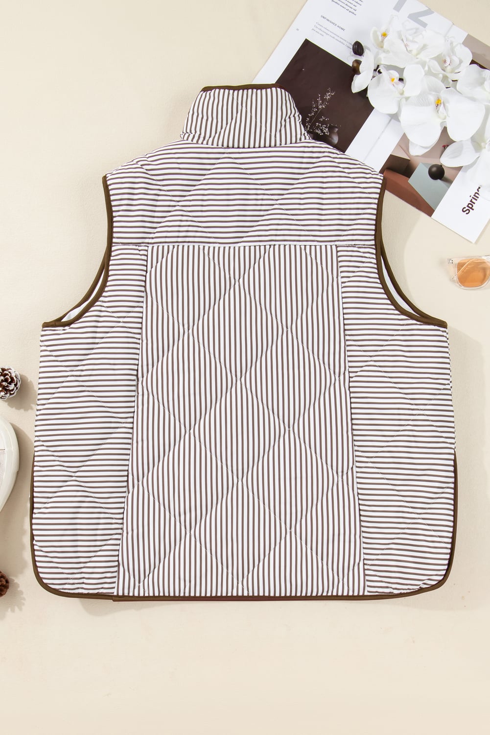 Brown Stripe Quilted Wavy Hem Snap Button Plus Size Vest