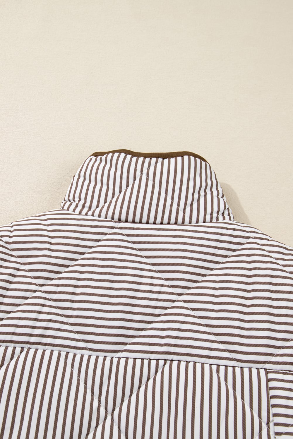 Brown Stripe Quilted Wavy Hem Snap Button Plus Size Vest