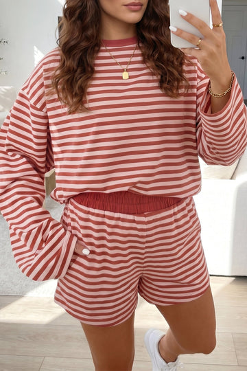 Brown Stripe Relaxed Long Sleeve Top Contrast Elastic Waistband Short Set
