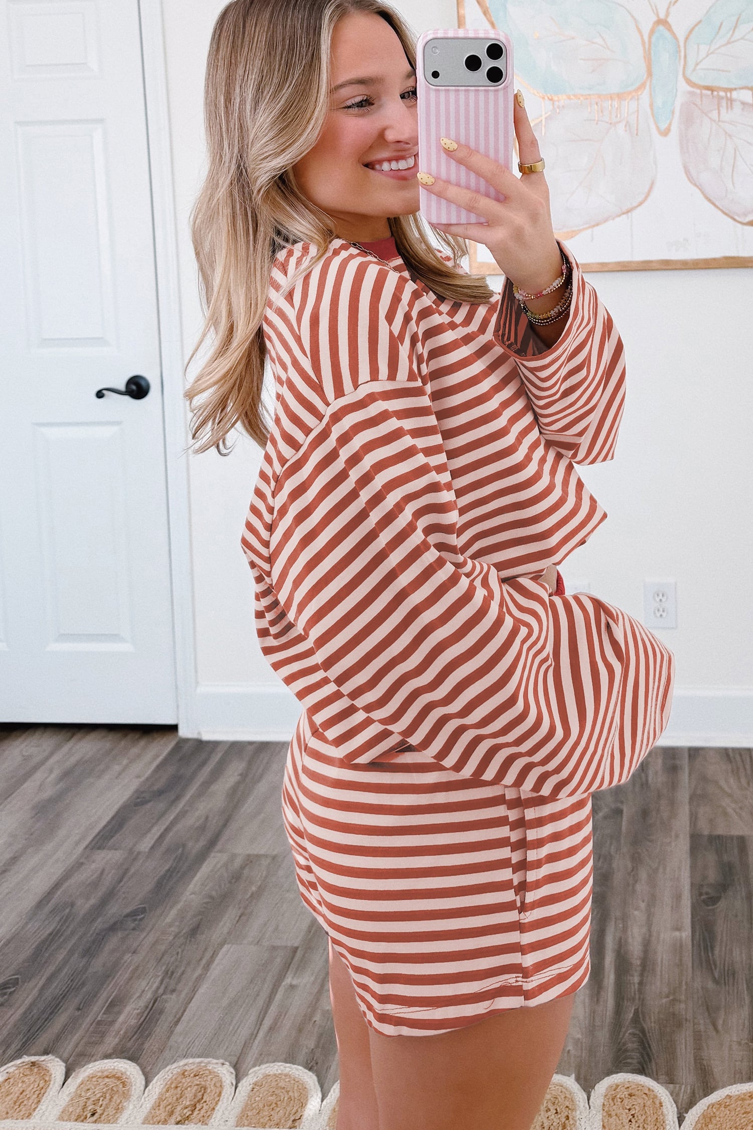 Brown Stripe Relaxed Long Sleeve Top Contrast Elastic Waistband Short Set