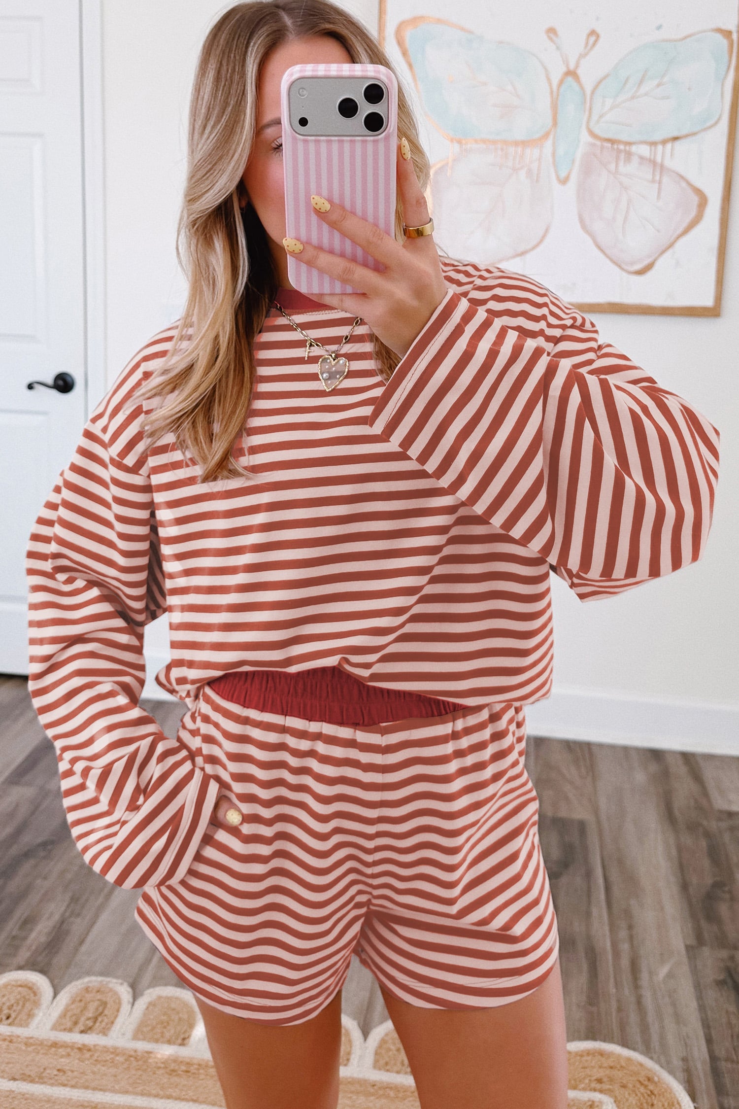 Brown Stripe Relaxed Long Sleeve Top Contrast Elastic Waistband Short Set