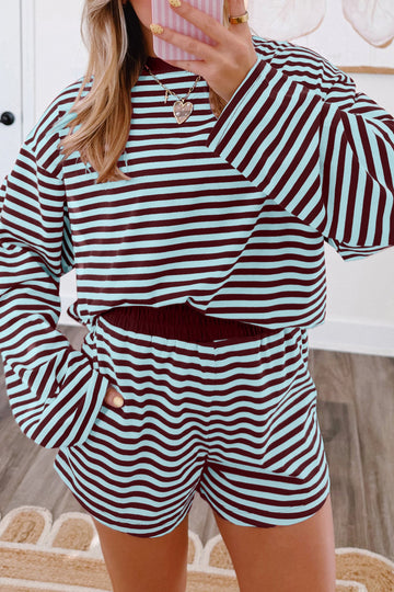 Brown Stripe Relaxed Long Sleeve Top Contrast Elastic Waistband Short Set