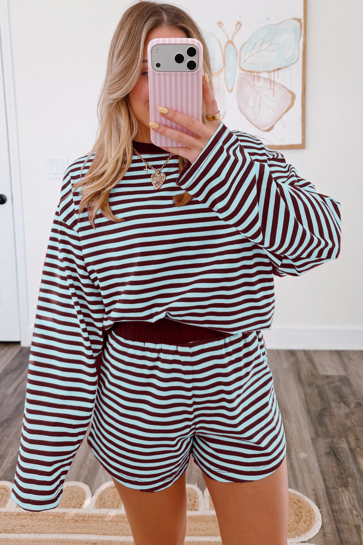 Brown Stripe Relaxed Long Sleeve Top Contrast Elastic Waistband Short Set