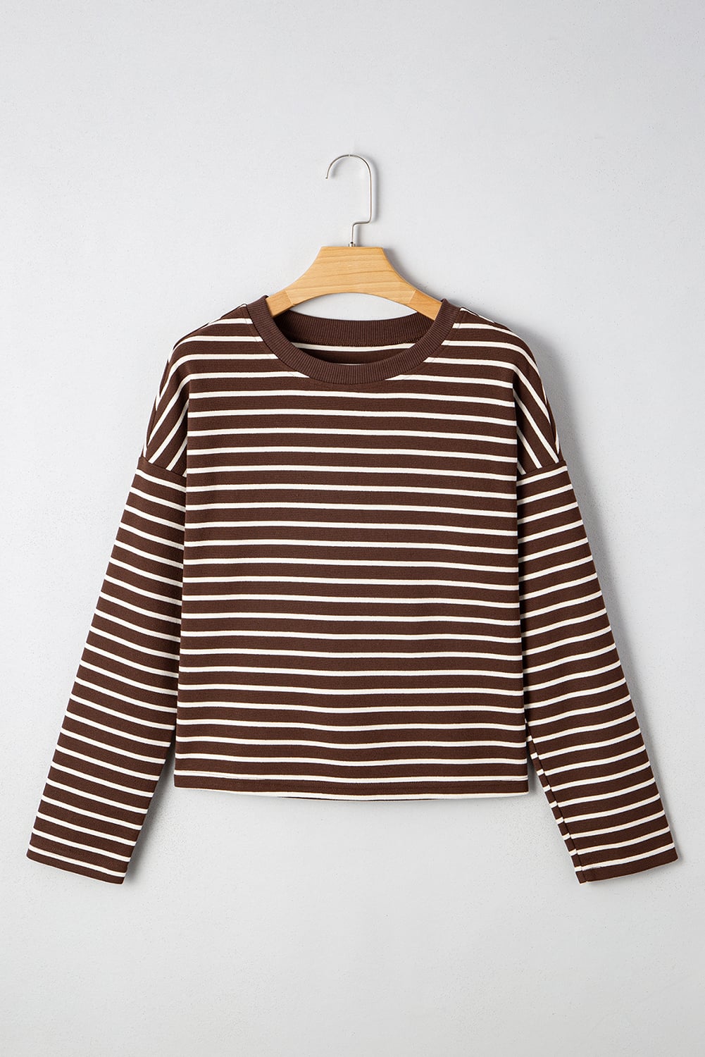 Brown Stripe Ribbed Cropped Crew Neck Long Sleeve T Shirt