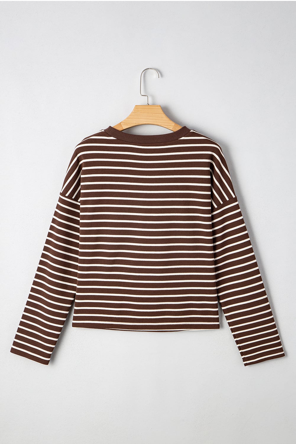Brown Stripe Ribbed Cropped Crew Neck Long Sleeve T Shirt
