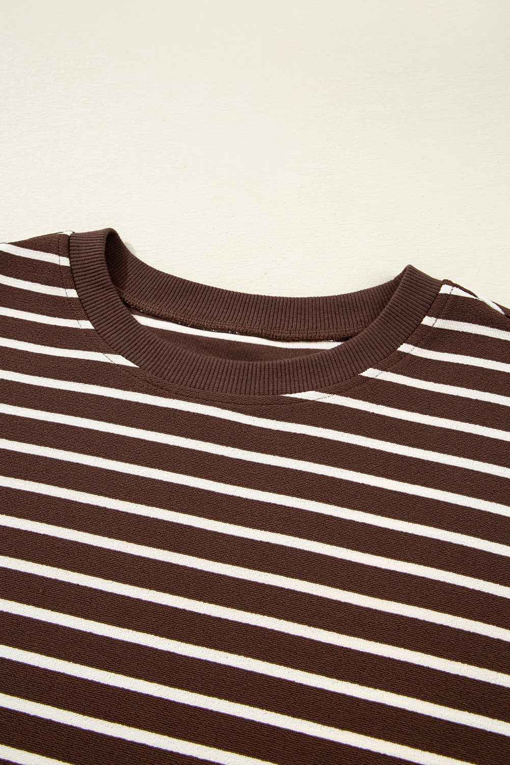 Brown Stripe Ribbed Cropped Crew Neck Long Sleeve T Shirt