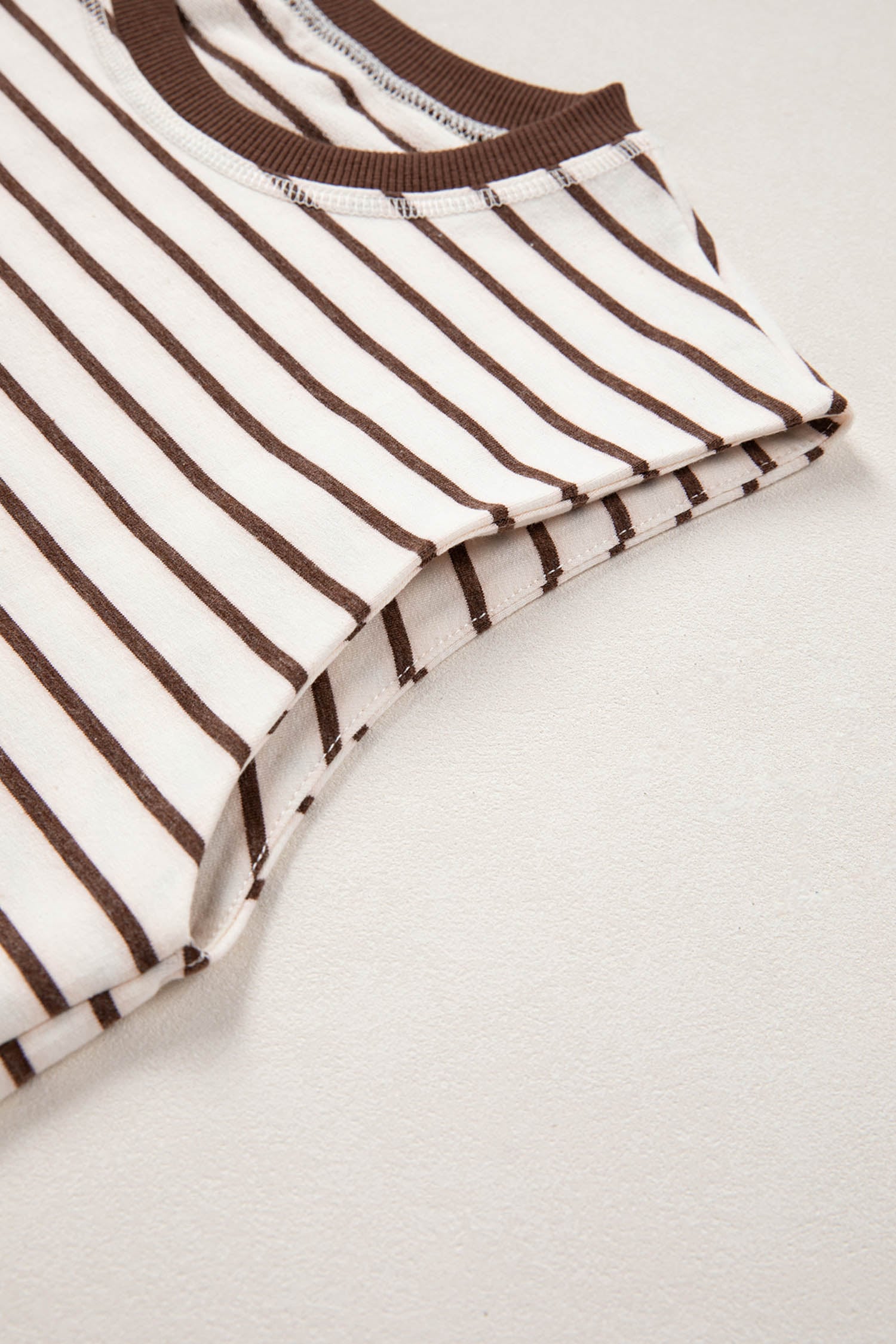 Brown Stripe Ribbed Round Neck Trim Loose Tank Top