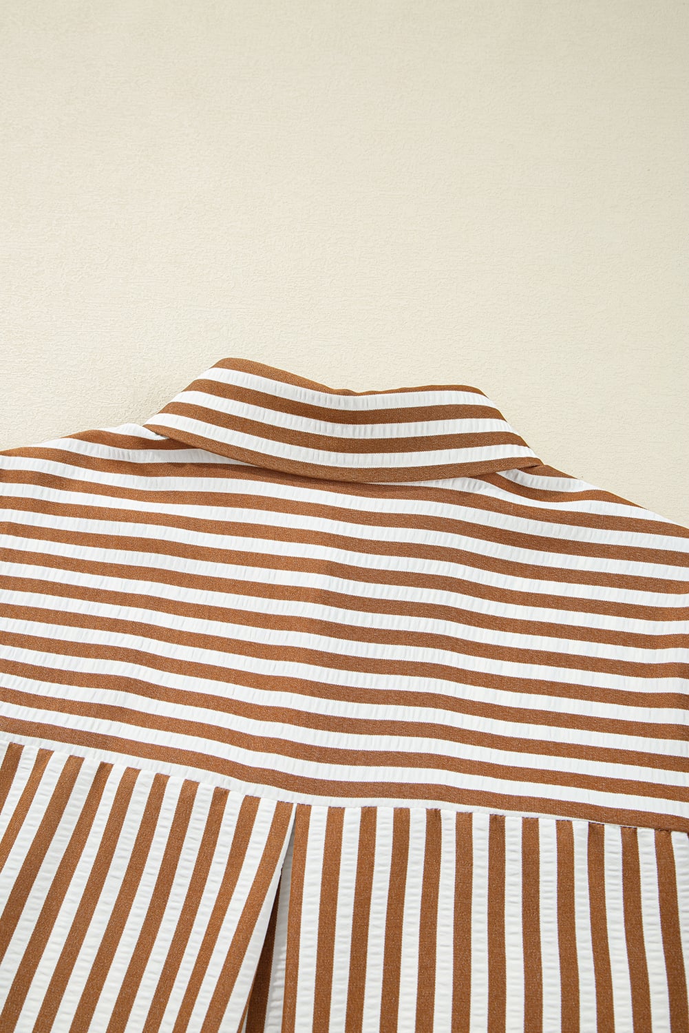 Brown Stripe Ruffled Hem Collared Long Sleeve Shirt Mini Dress