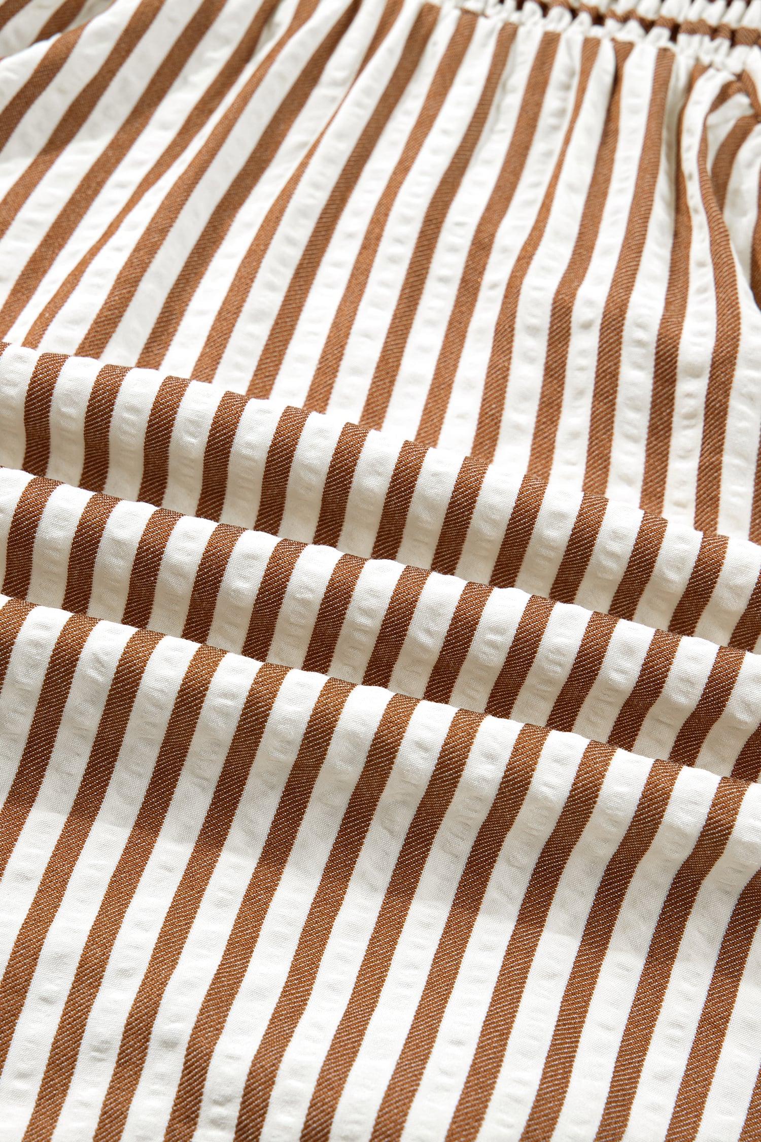 Brown Stripe Shirred V Neck Short Puff Sleeve Blouse