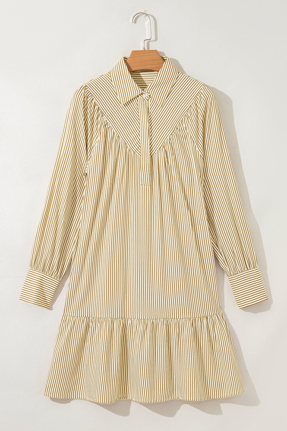 Brown Stripe Collared Neck Cuffed Long Sleeve Drop Waist Mini Dress