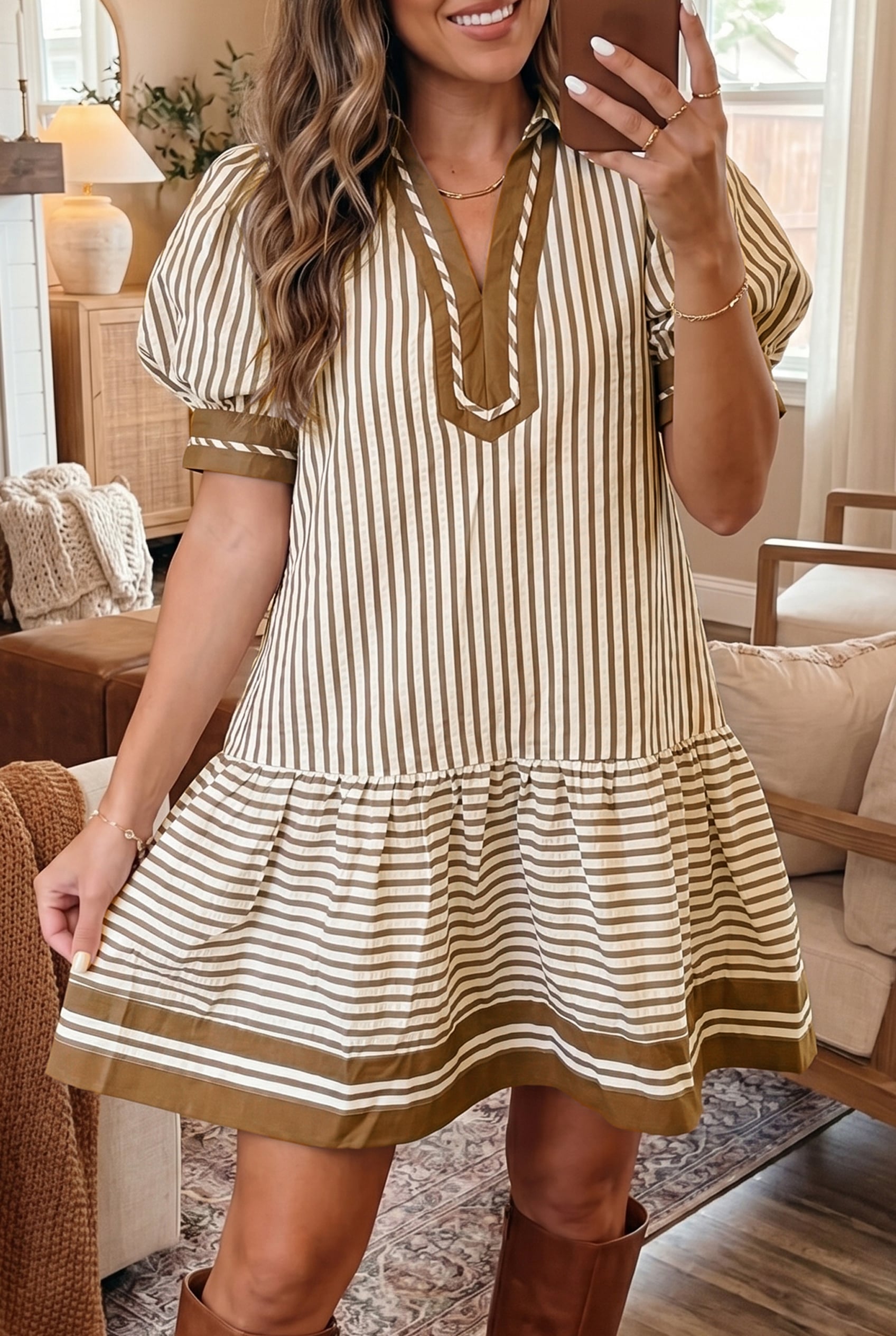 Brown Stripe Shirt Collar Color Block Patchwork Trim Ruffle Hem Short Dress